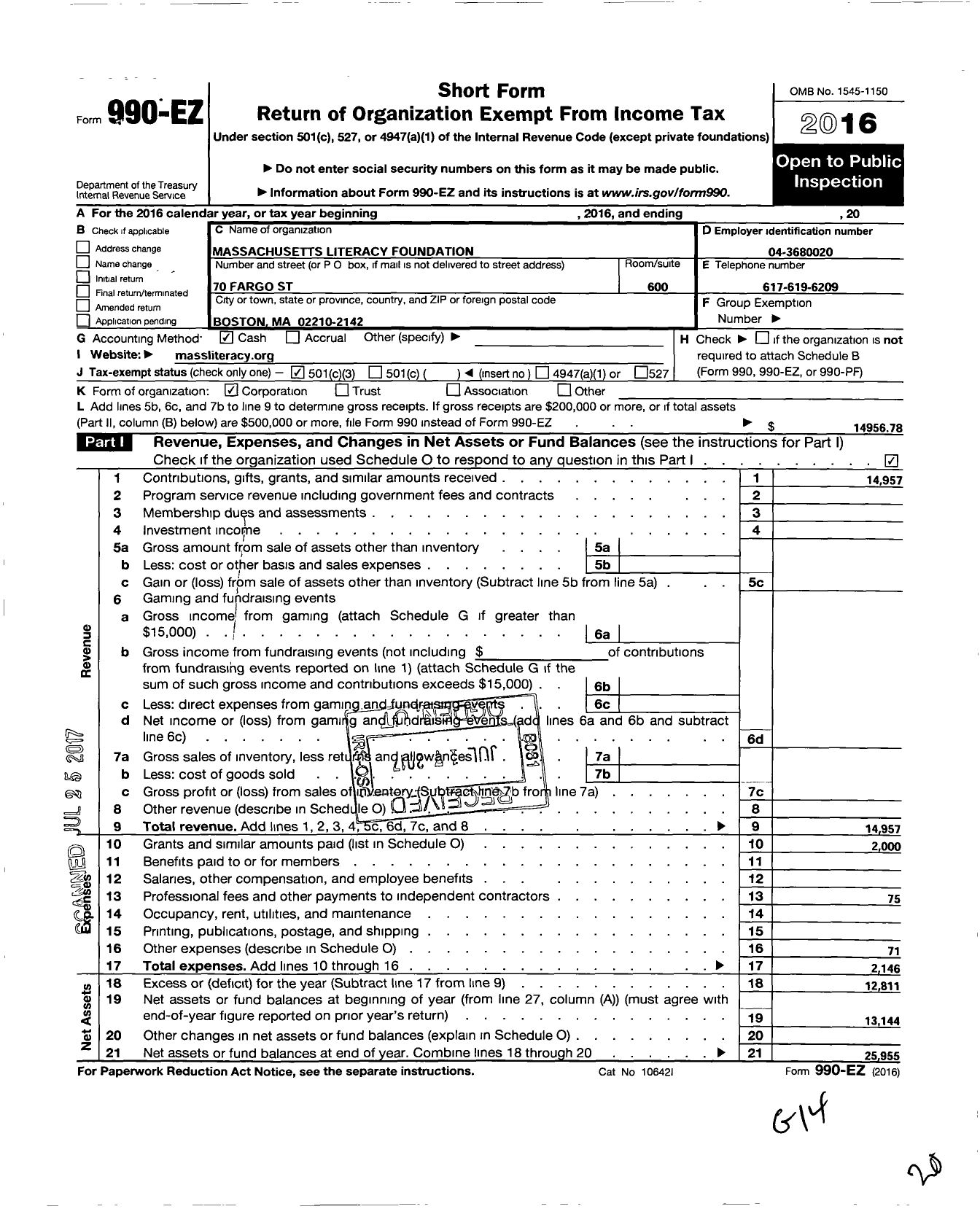 Image of first page of 2016 Form 990EZ for Massachusetts Literacy Foundation