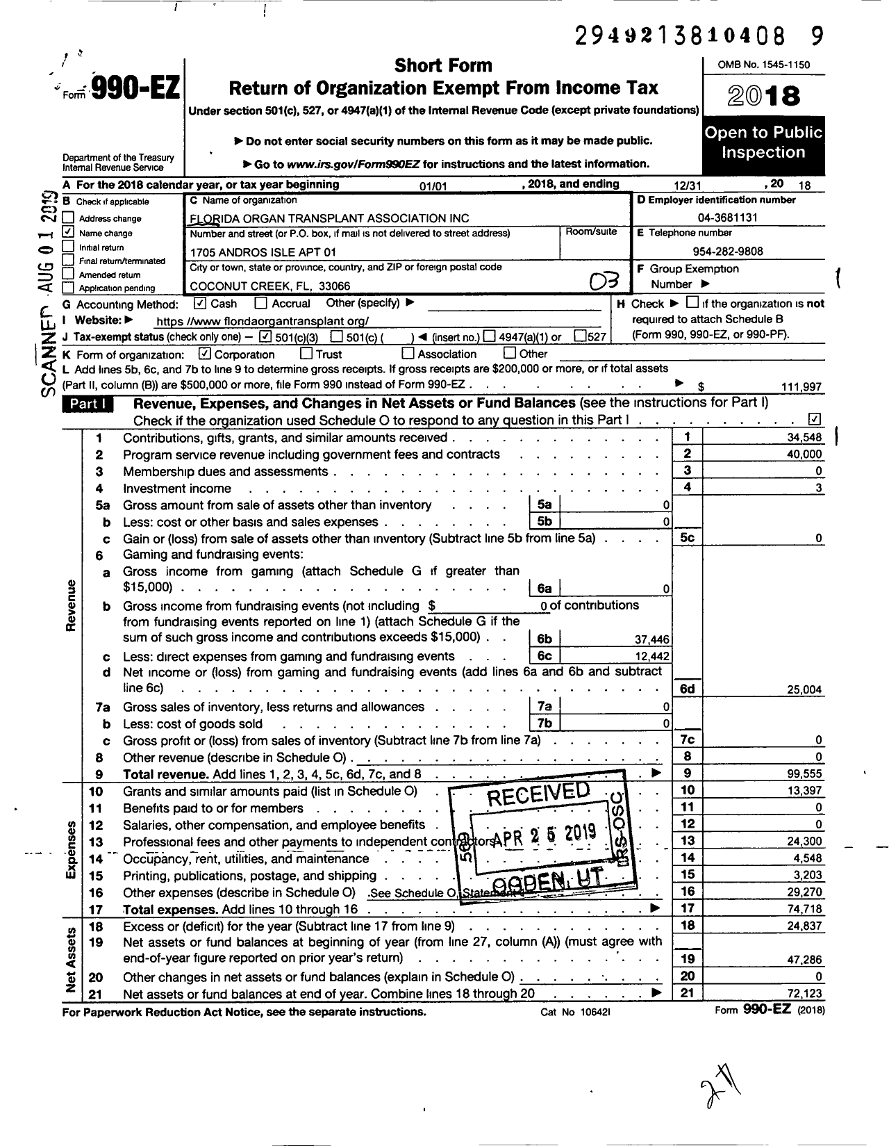 Image of first page of 2018 Form 990EZ for Florida Organ Transplant Association