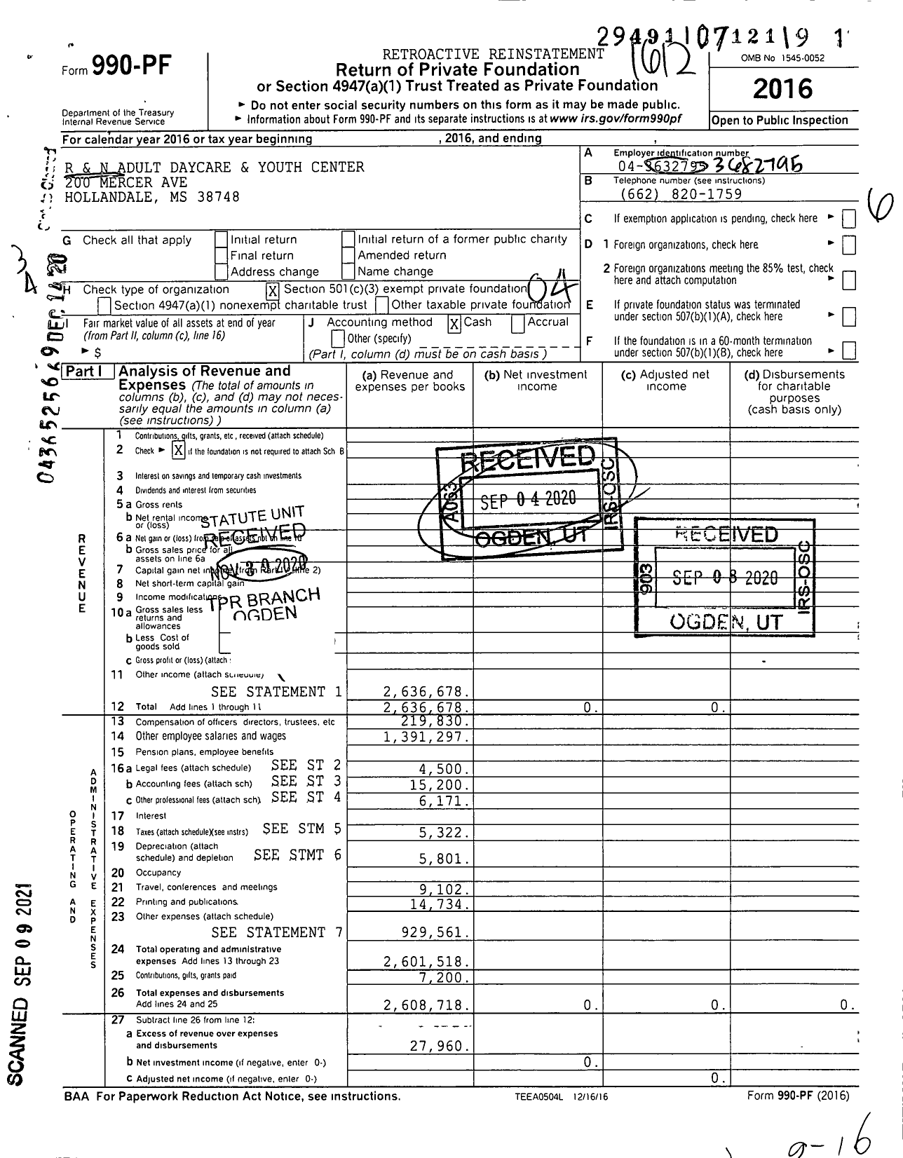 Image of first page of 2016 Form 990PF for R and N Adult Daycare and Youth Center