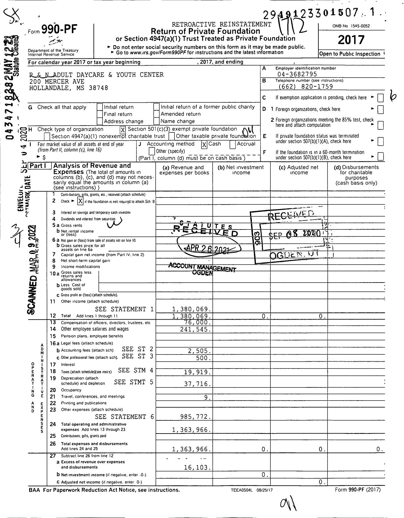 Image of first page of 2017 Form 990PF for R and N Adult Daycare and Youth Center