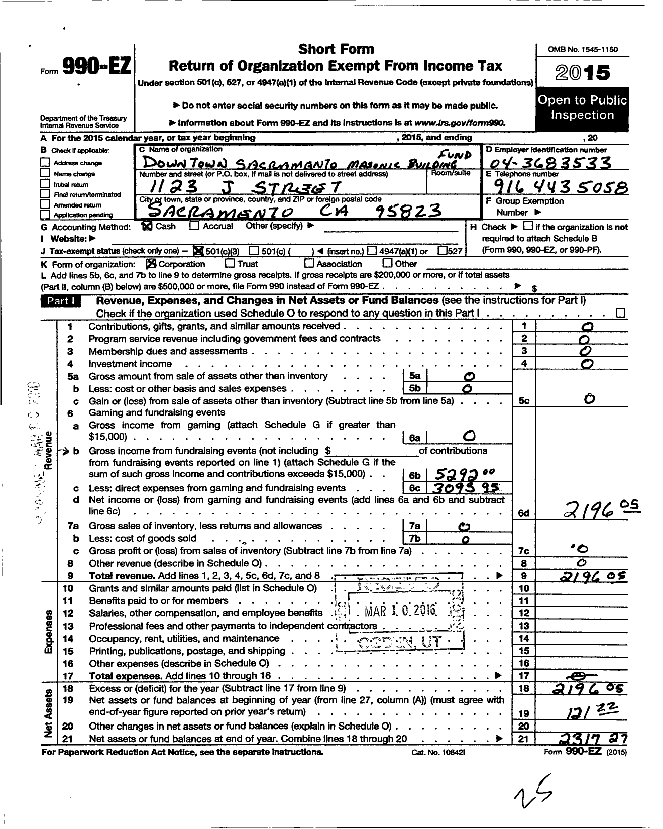 Image of first page of 2015 Form 990EZ for Downtown Sacramento Masonic Building Fund