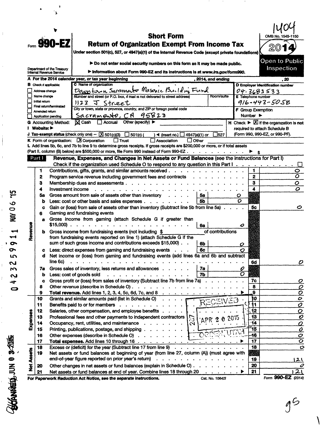 Image of first page of 2013 Form 990EZ for Downtown Sacramento Masonic Building Fund