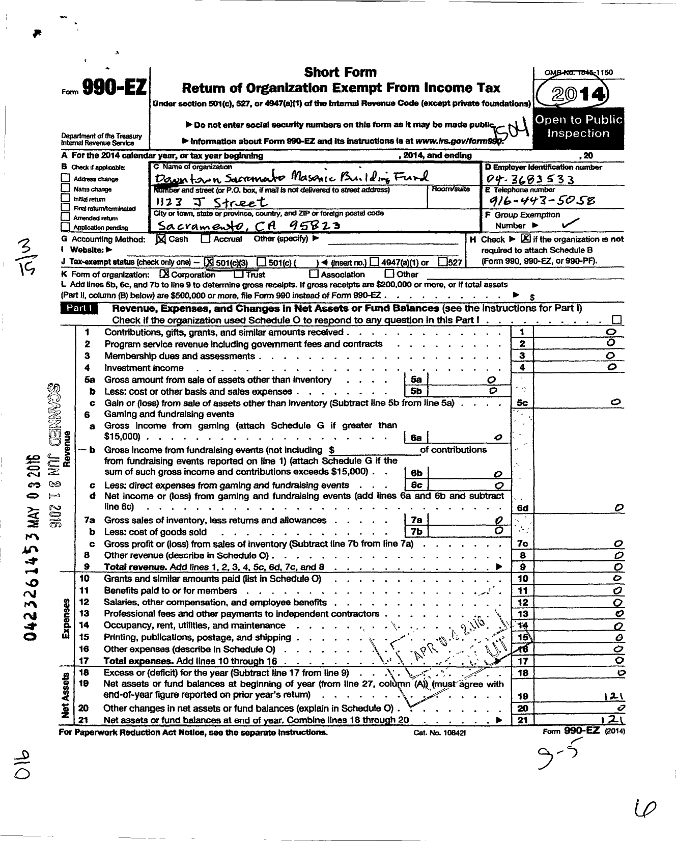 Image of first page of 2014 Form 990EZ for Downtown Sacramento Masonic Building Fund