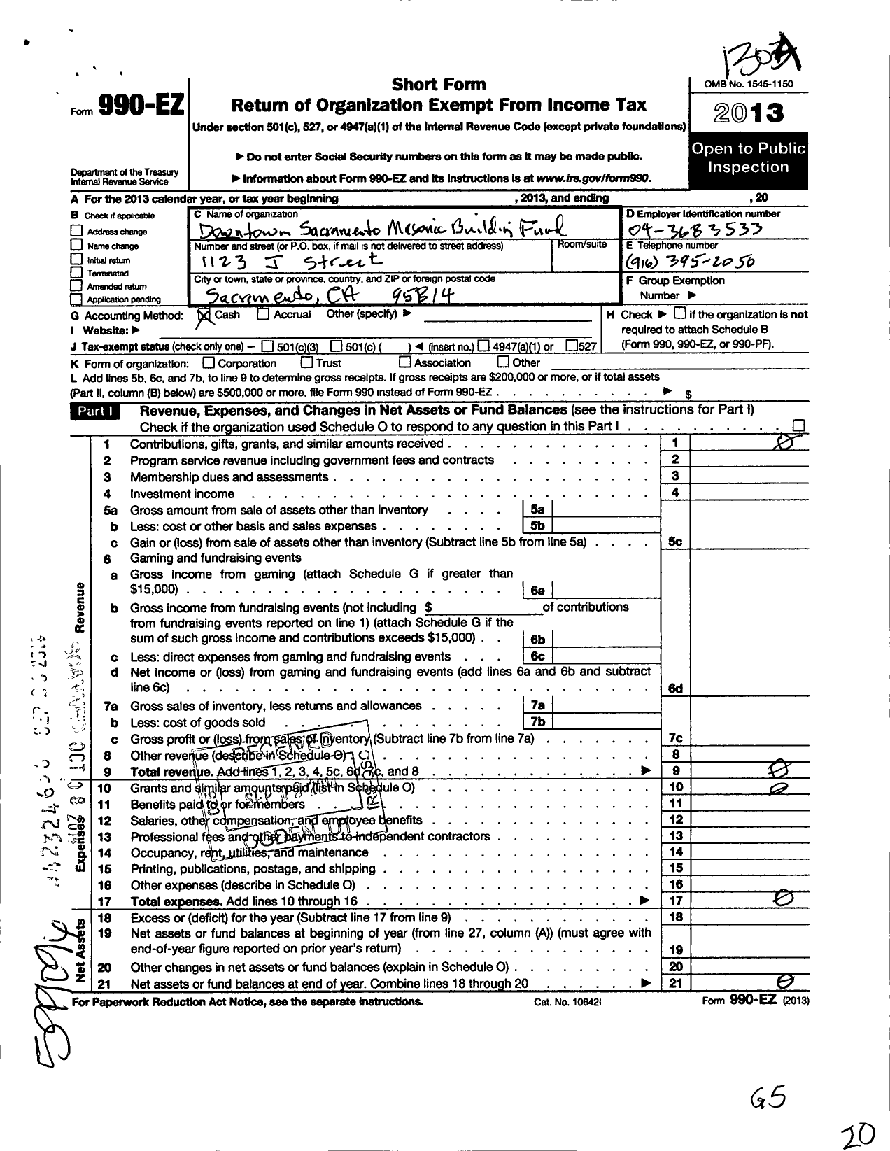 Image of first page of 2012 Form 990EO for Downtown Sacramento Masonic Building Fund