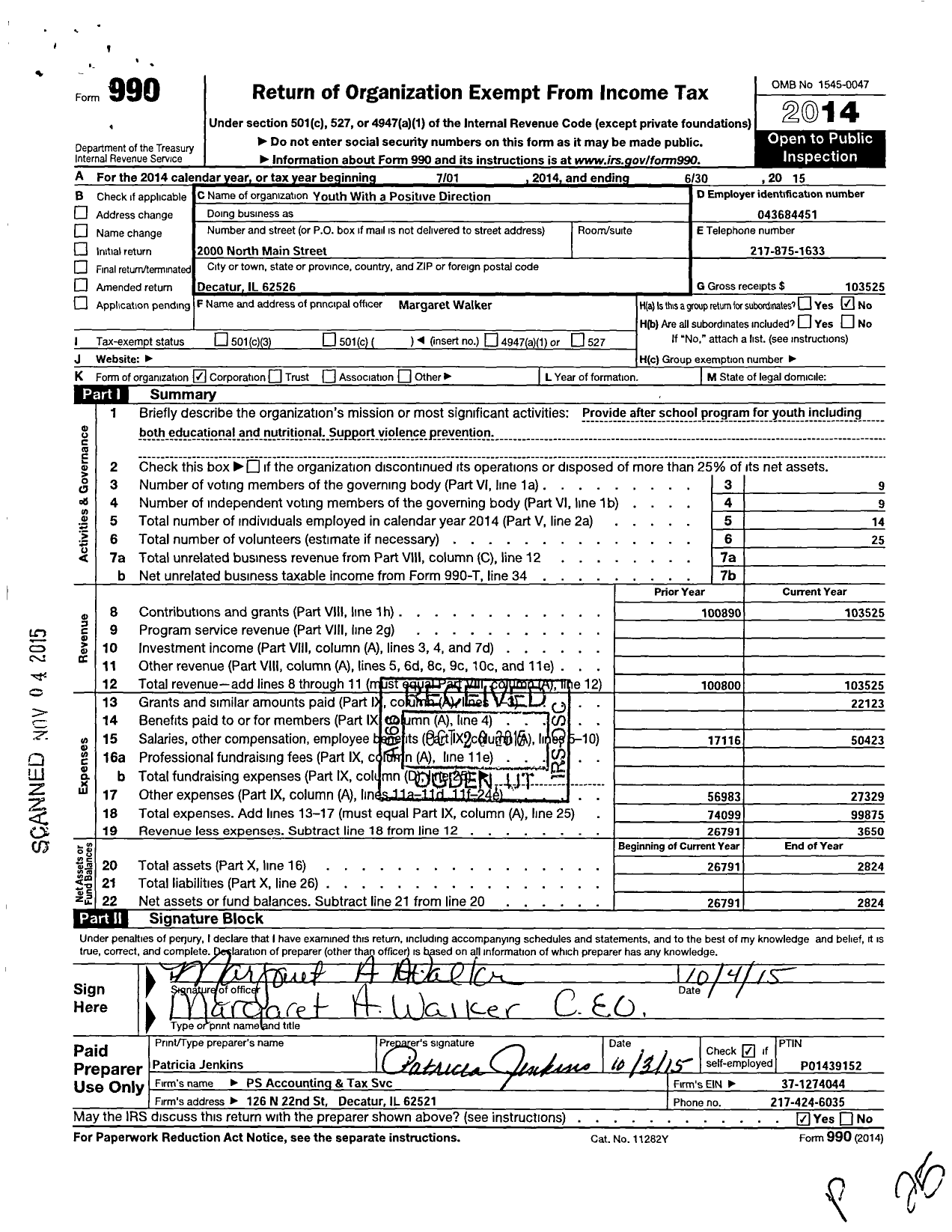 Image of first page of 2014 Form 990O for Youth with A Positive Direction