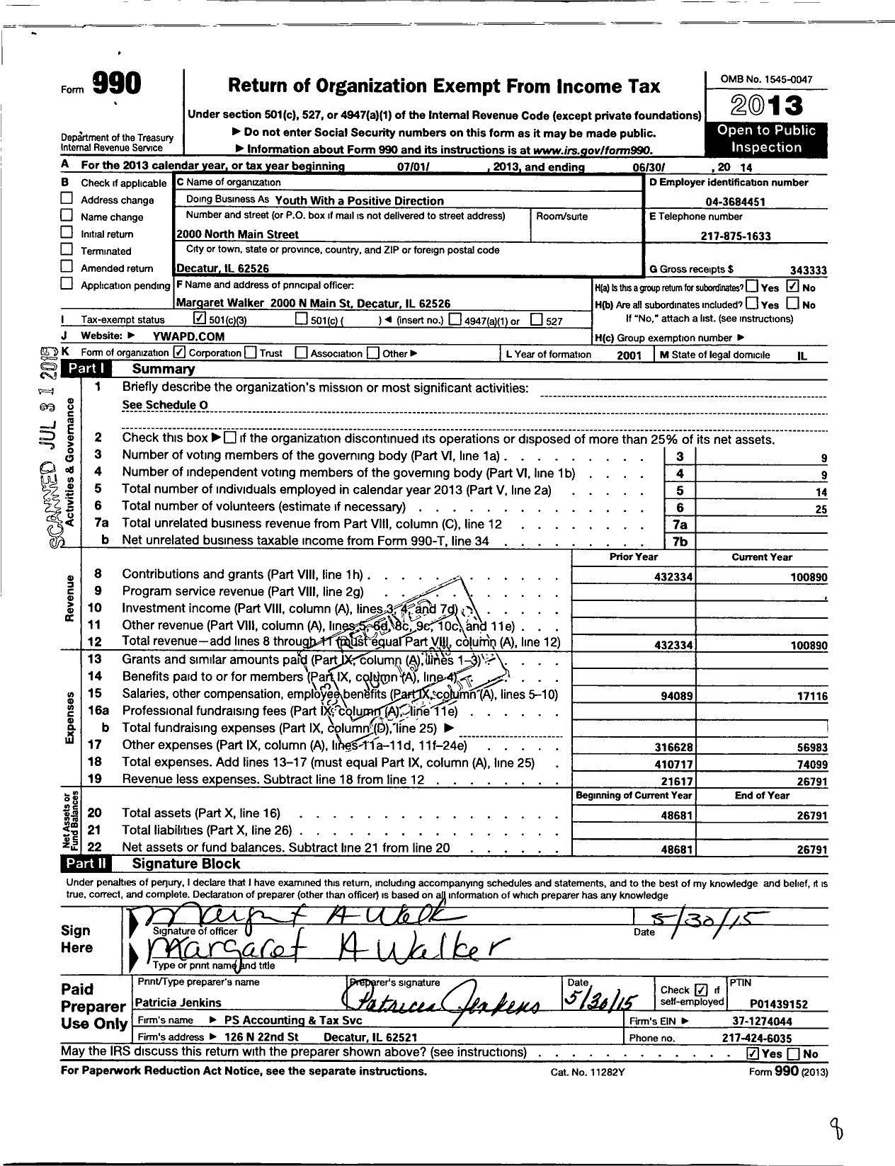 Image of first page of 2013 Form 990 for Youth with A Positive Direction