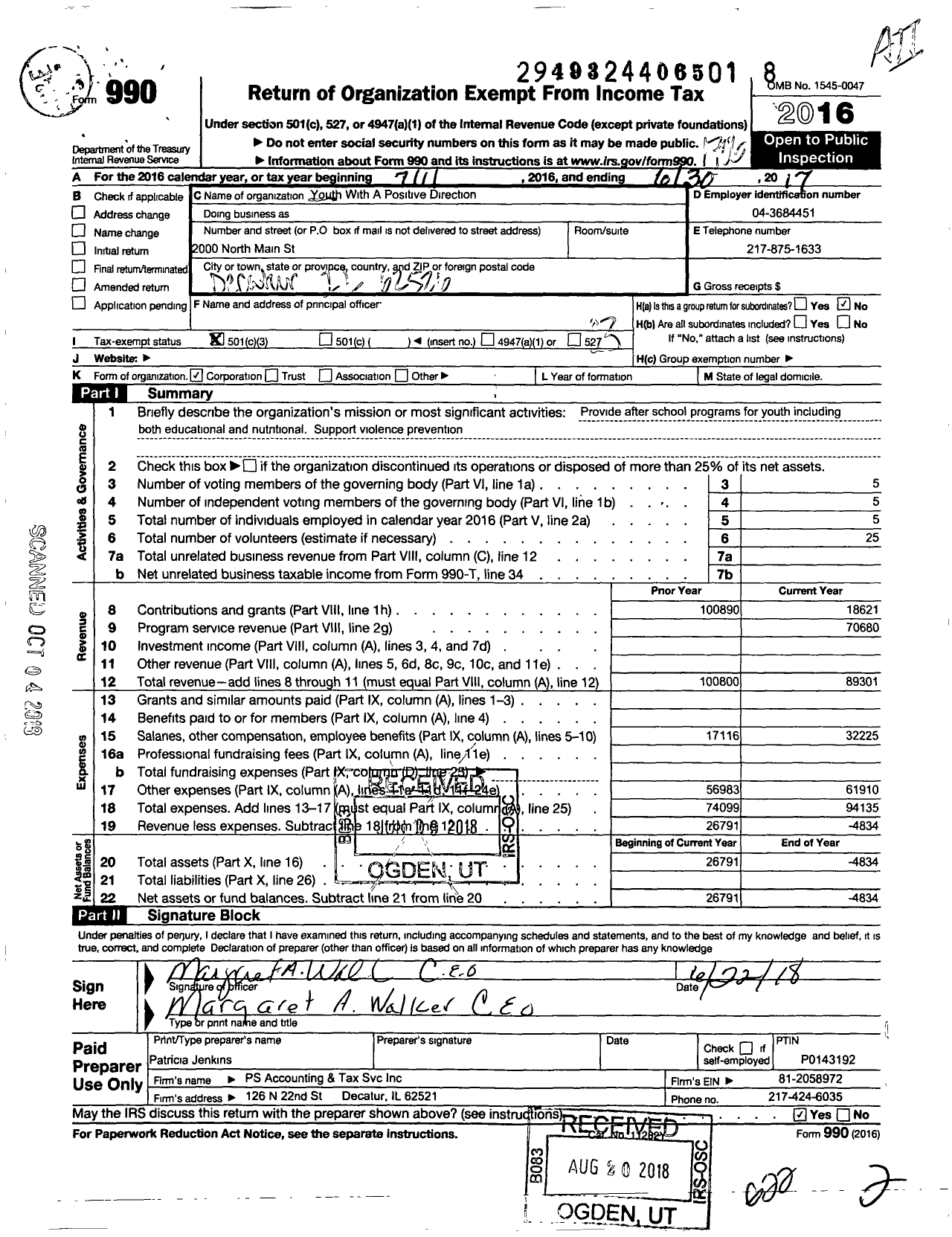 Image of first page of 2016 Form 990 for Youth with A Positive Direction