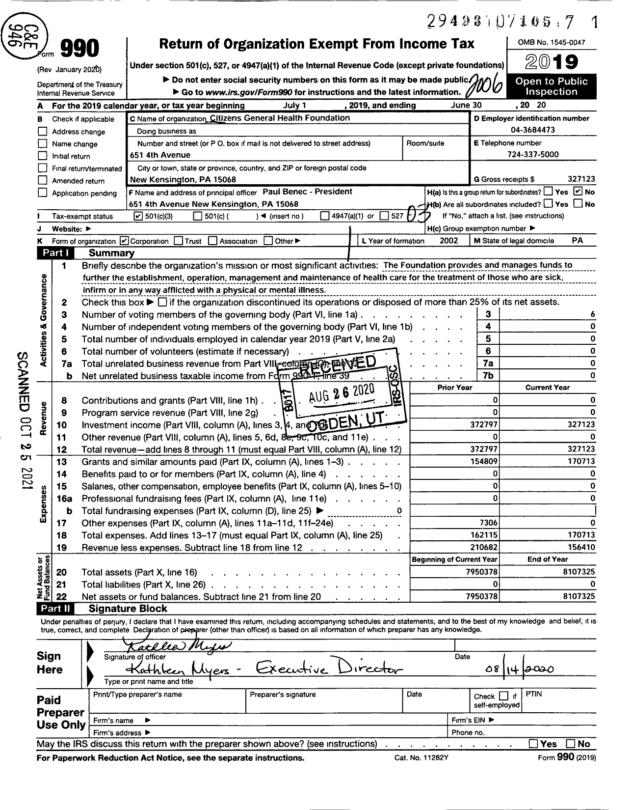 Image of first page of 2019 Form 990 for Citizens General Health Foundation