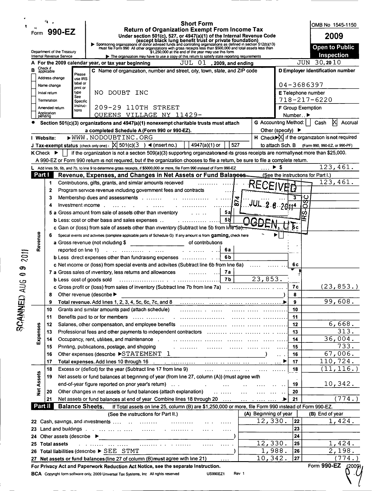 Image of first page of 2009 Form 990EZ for No Doubt