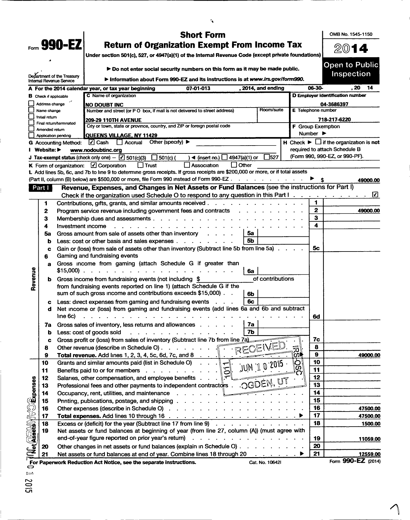 Image of first page of 2013 Form 990EZ for No Doubt