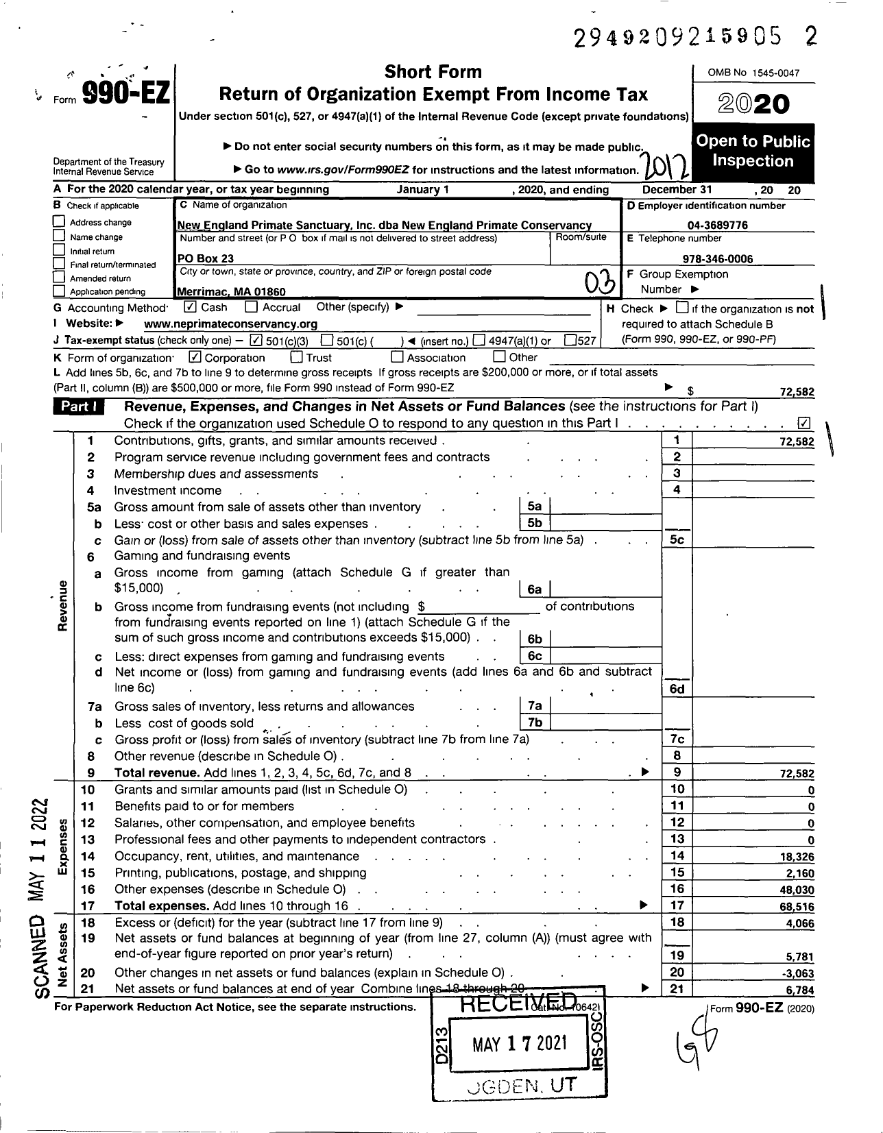 Image of first page of 2020 Form 990EZ for New England Primate Conservancy