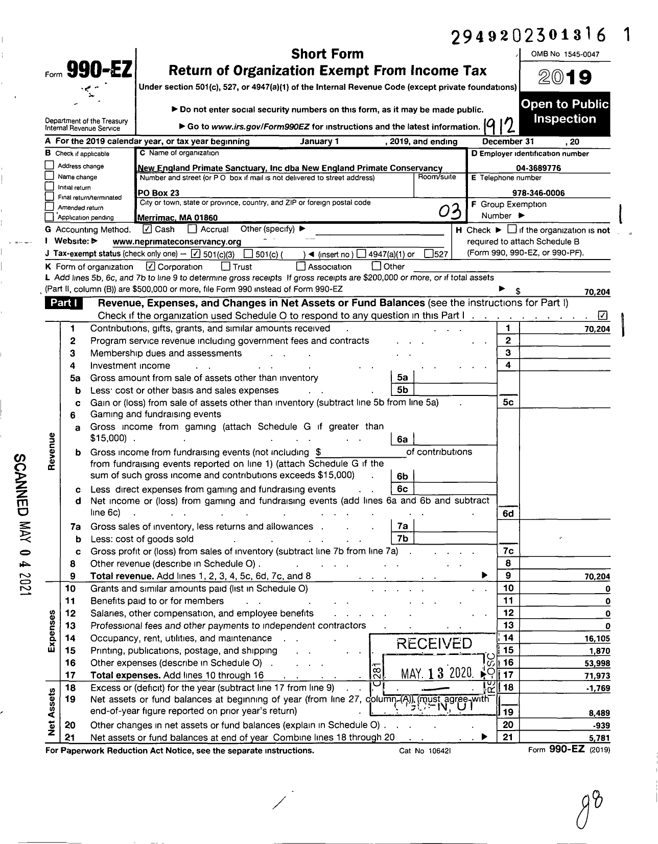 Image of first page of 2019 Form 990EZ for New England Primate Conservancy