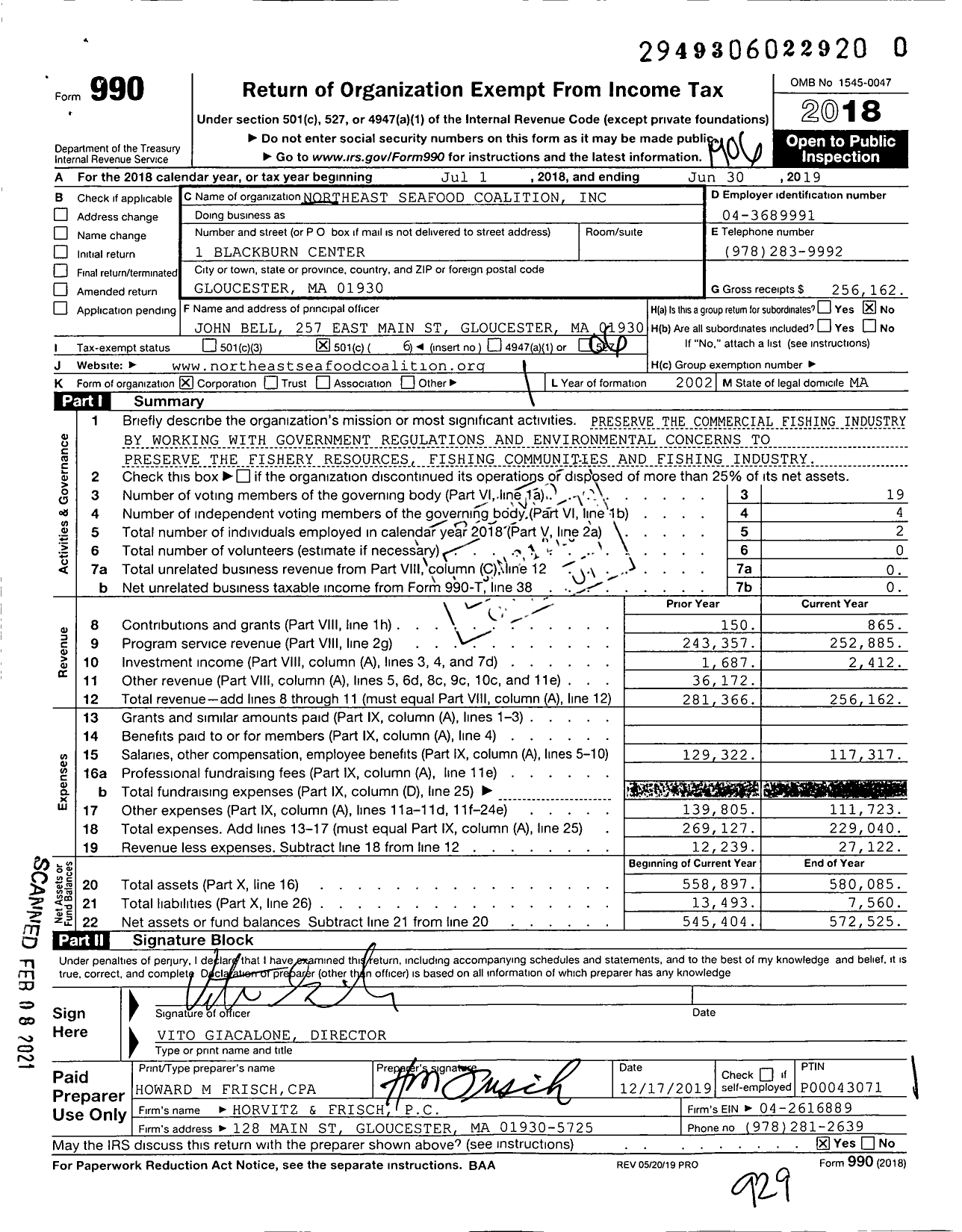 Image of first page of 2018 Form 990O for Northeast Seafood Coalition