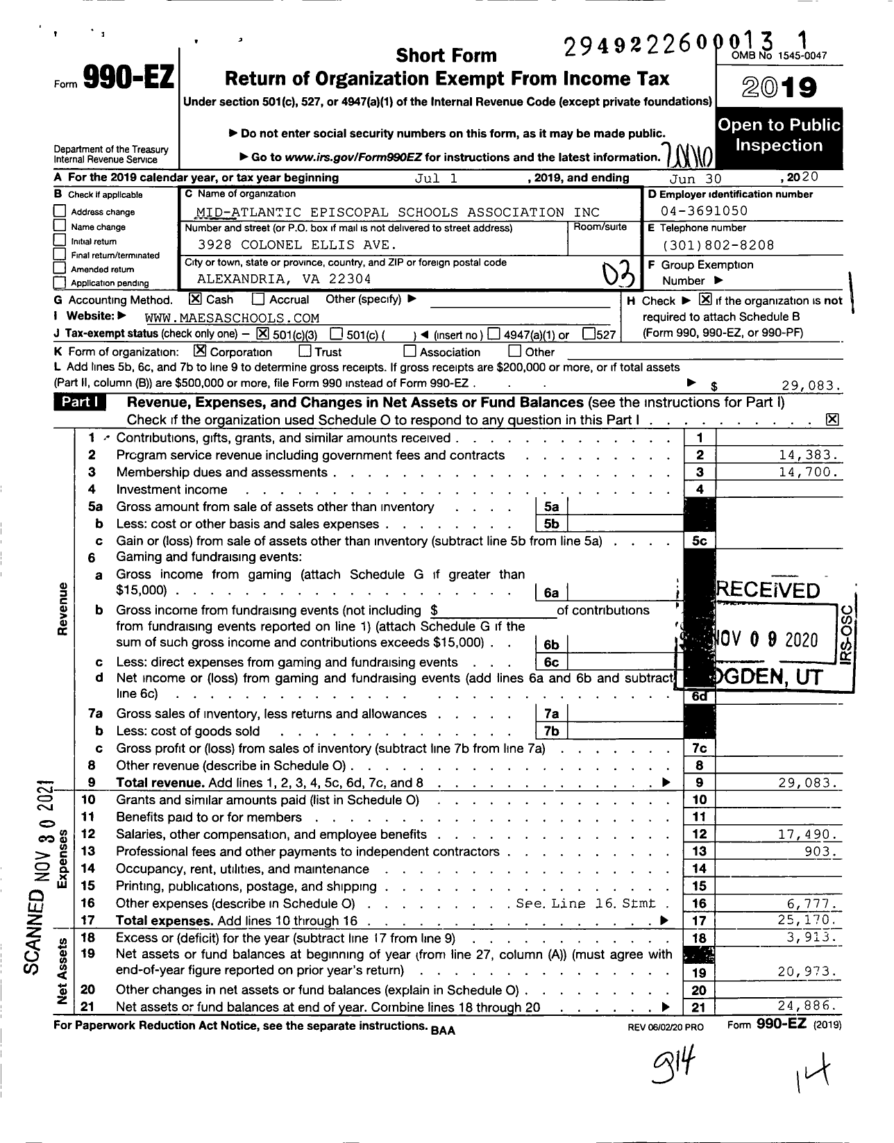 Image of first page of 2019 Form 990EZ for Mid-Atlantic Episcopal Schools Association