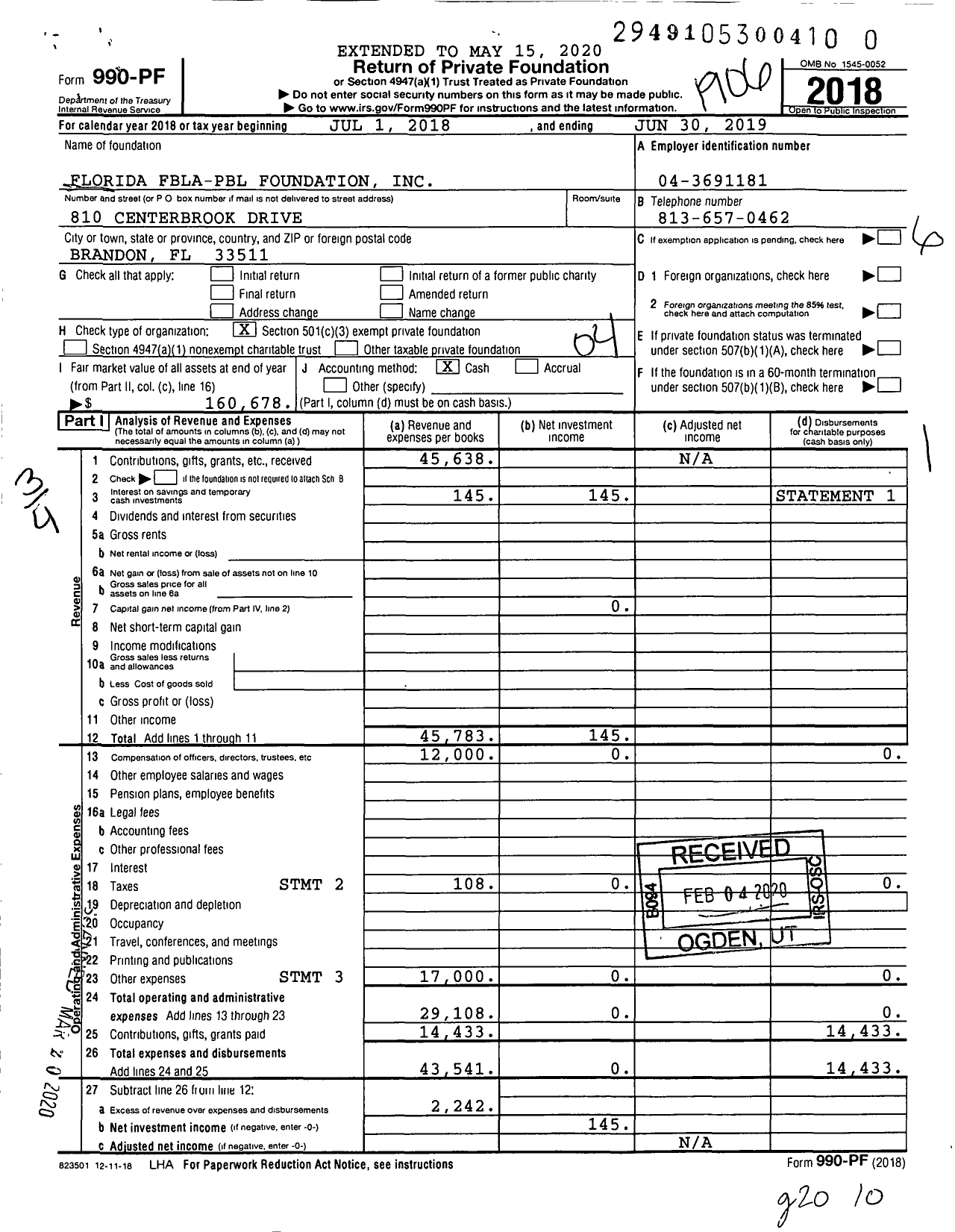 Image of first page of 2018 Form 990PR for Florida Fbla-Pbl Foundation