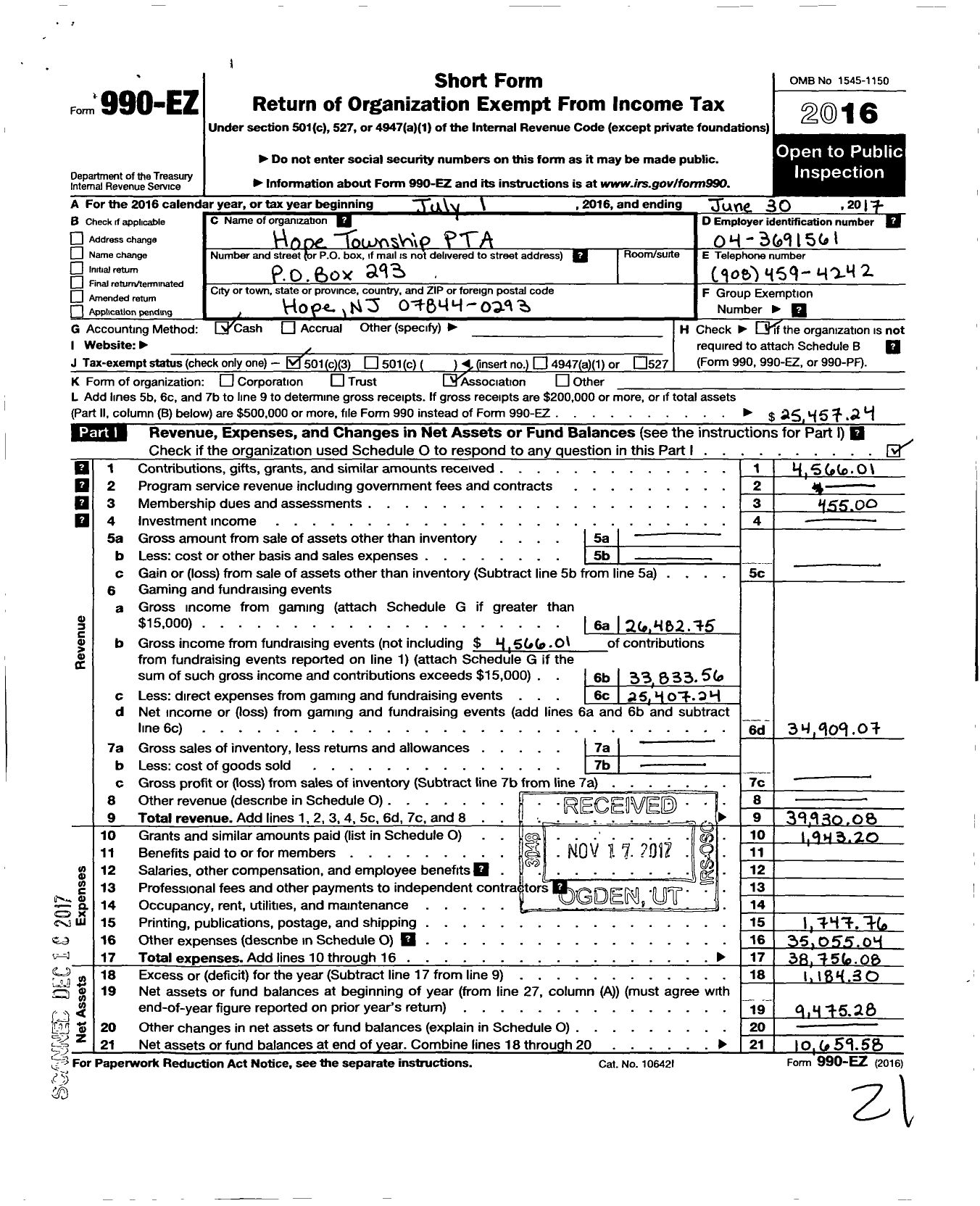 Image of first page of 2016 Form 990EZ for New Jersey PTA - 218500 Hope TWP SCH PTA