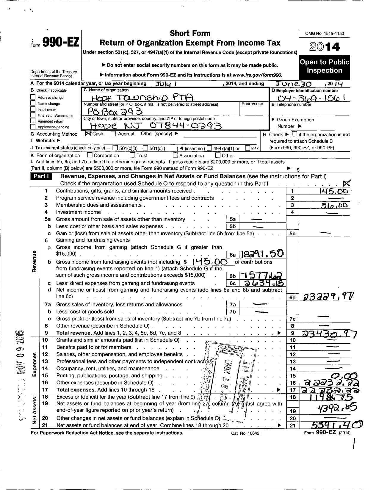 Image of first page of 2013 Form 990EO for New Jersey PTA - 218500 Hope TWP SCH PTA