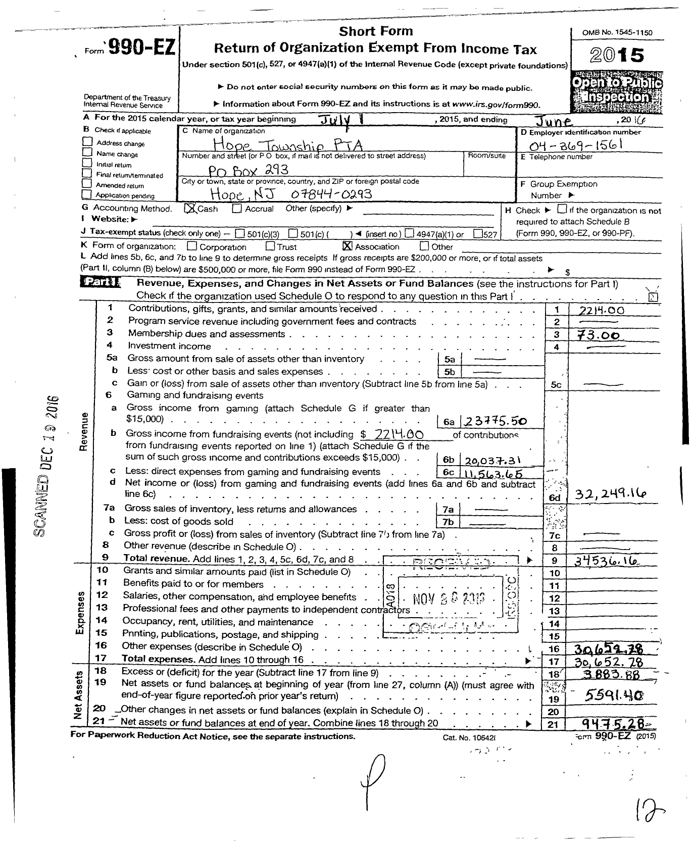 Image of first page of 2015 Form 990EO for New Jersey PTA - 218500 Hope TWP SCH PTA