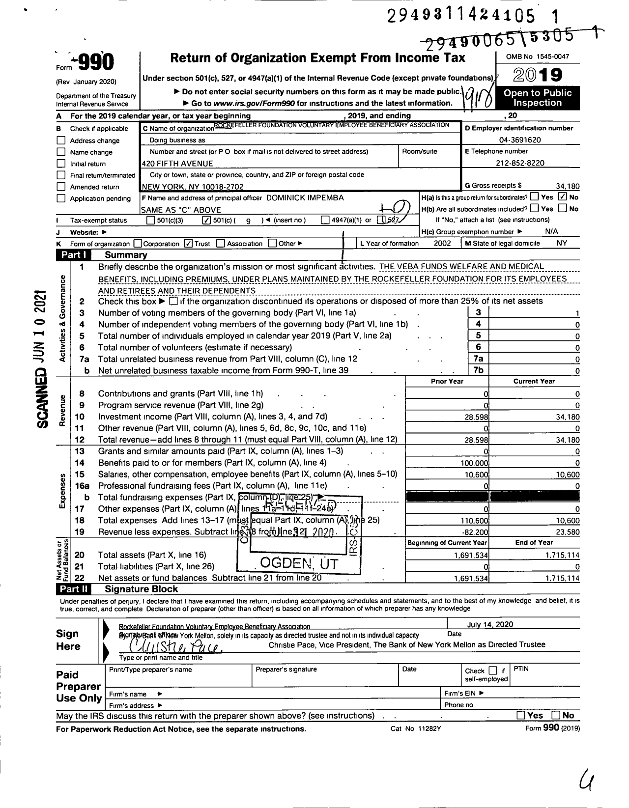 Image of first page of 2019 Form 990O for Rockefeller Foundation Voluntary Employee Beneficiary Association