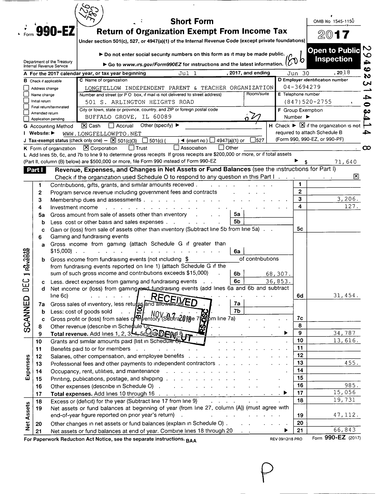 Image of first page of 2017 Form 990EZ for Longfellow Independent Parent and Teacher Organization