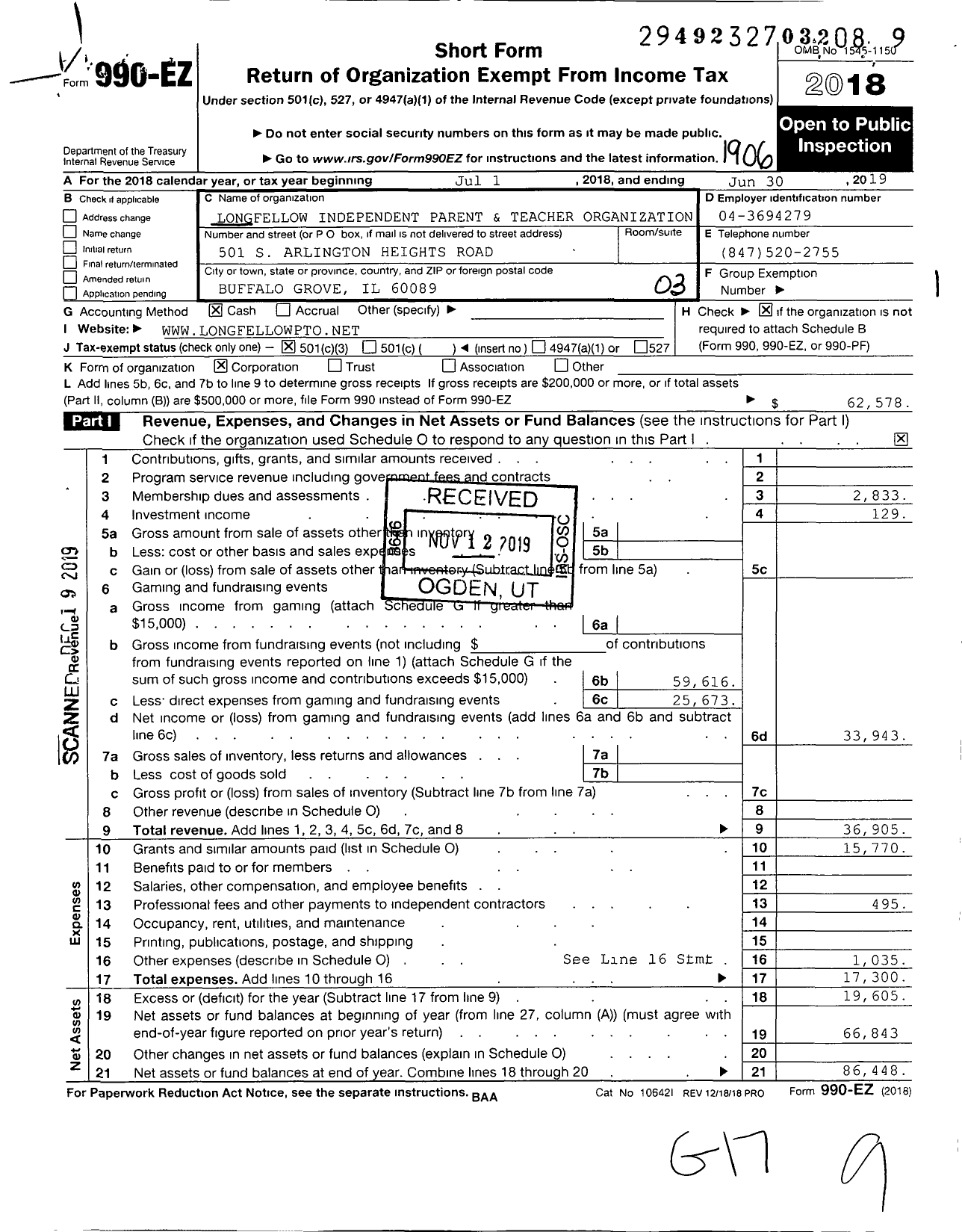 Image of first page of 2018 Form 990EZ for Longfellow Independent Parent and Teacher Organization