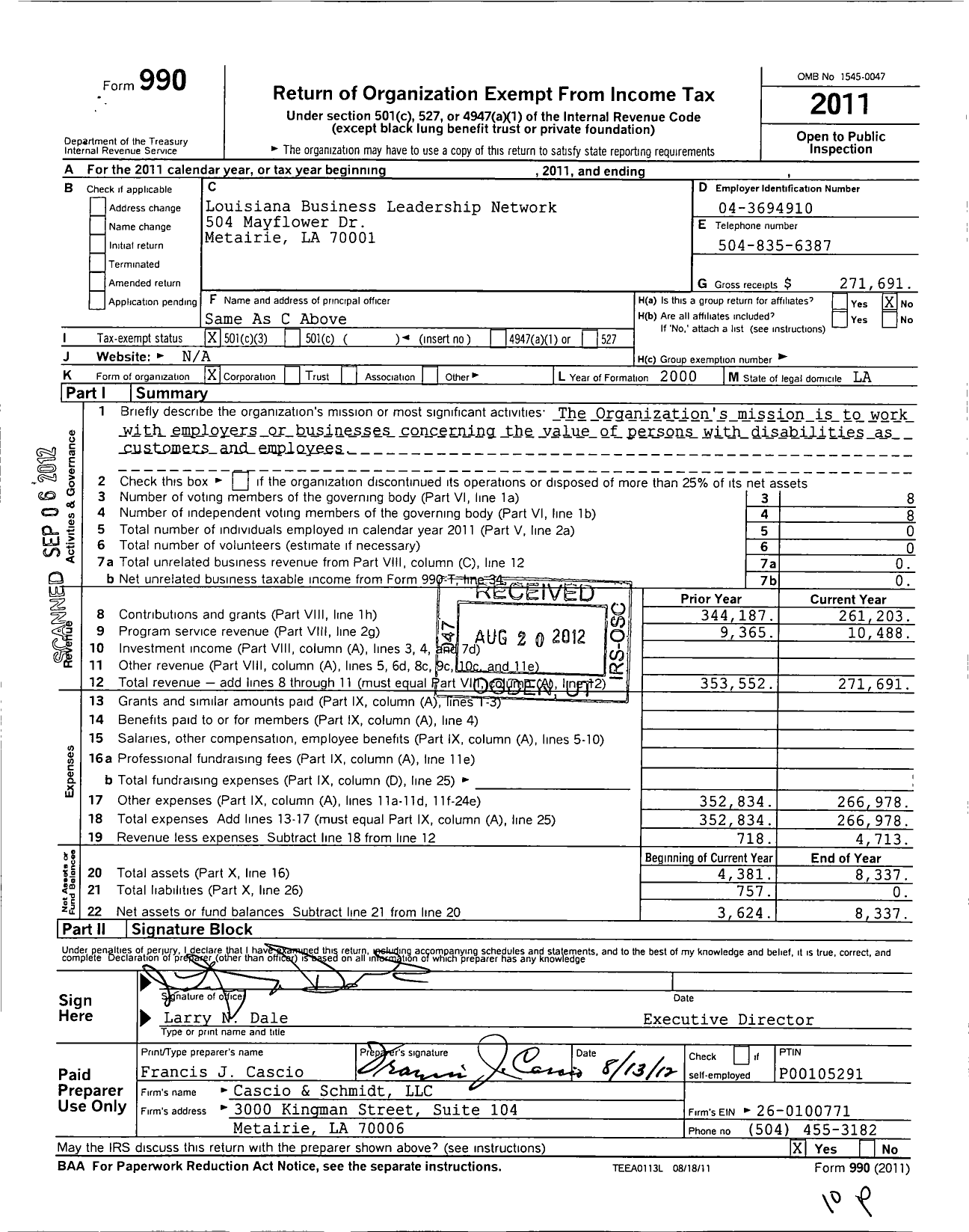 Image of first page of 2011 Form 990 for Louisiana Business Leadership Network