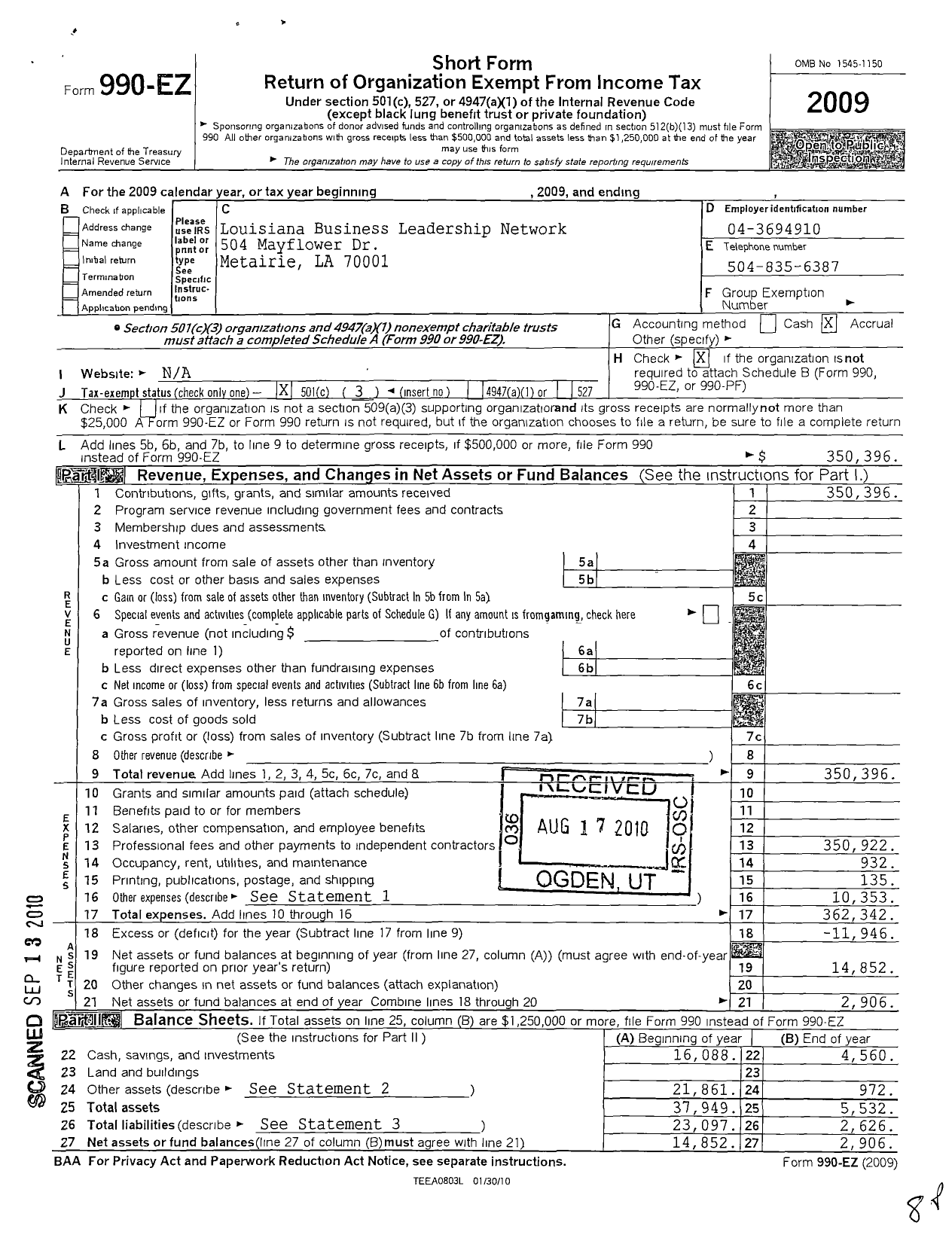 Image of first page of 2009 Form 990EZ for Louisiana Business Leadership Network