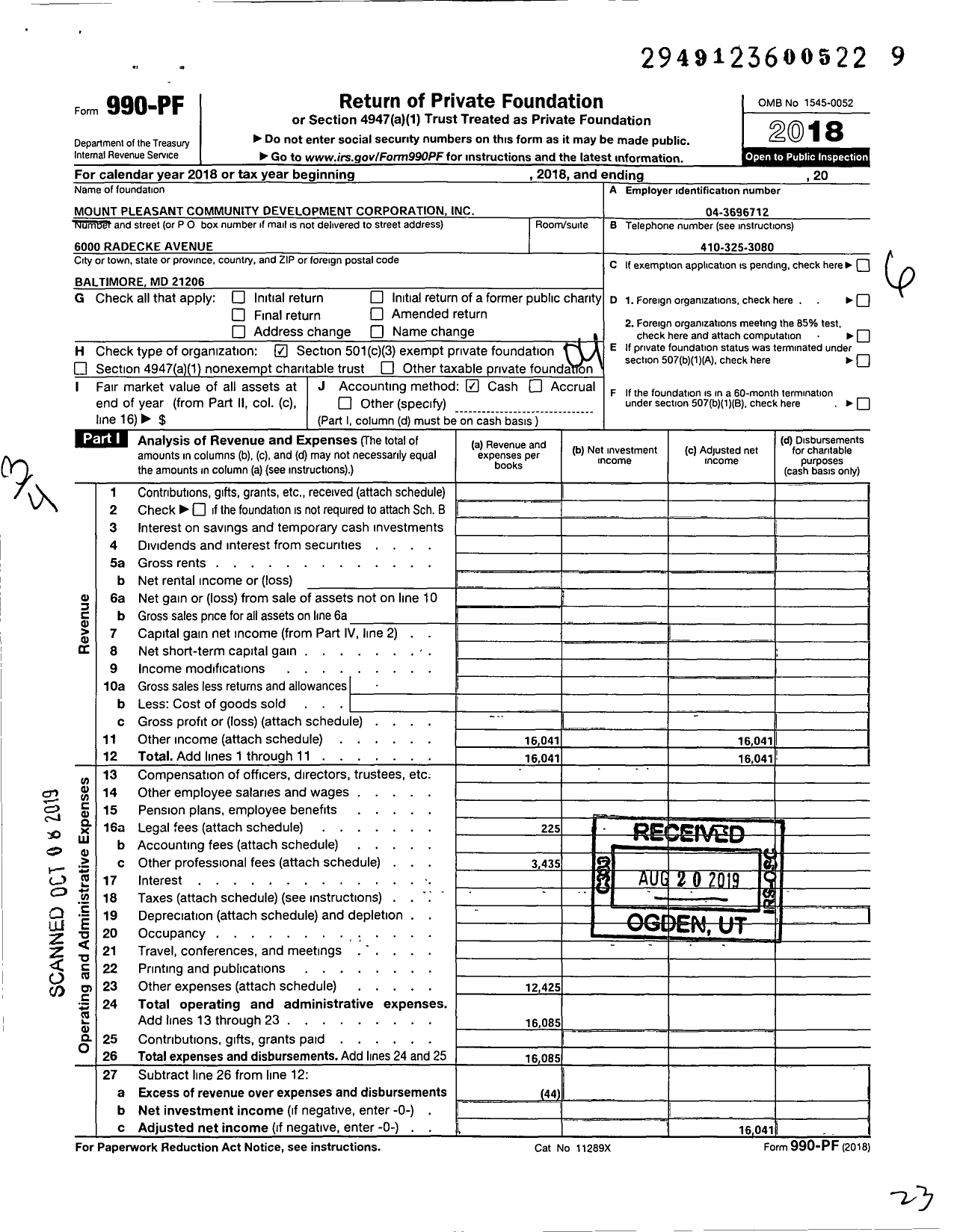 Image of first page of 2018 Form 990PF for Mount Pleasant Community Development Corporation