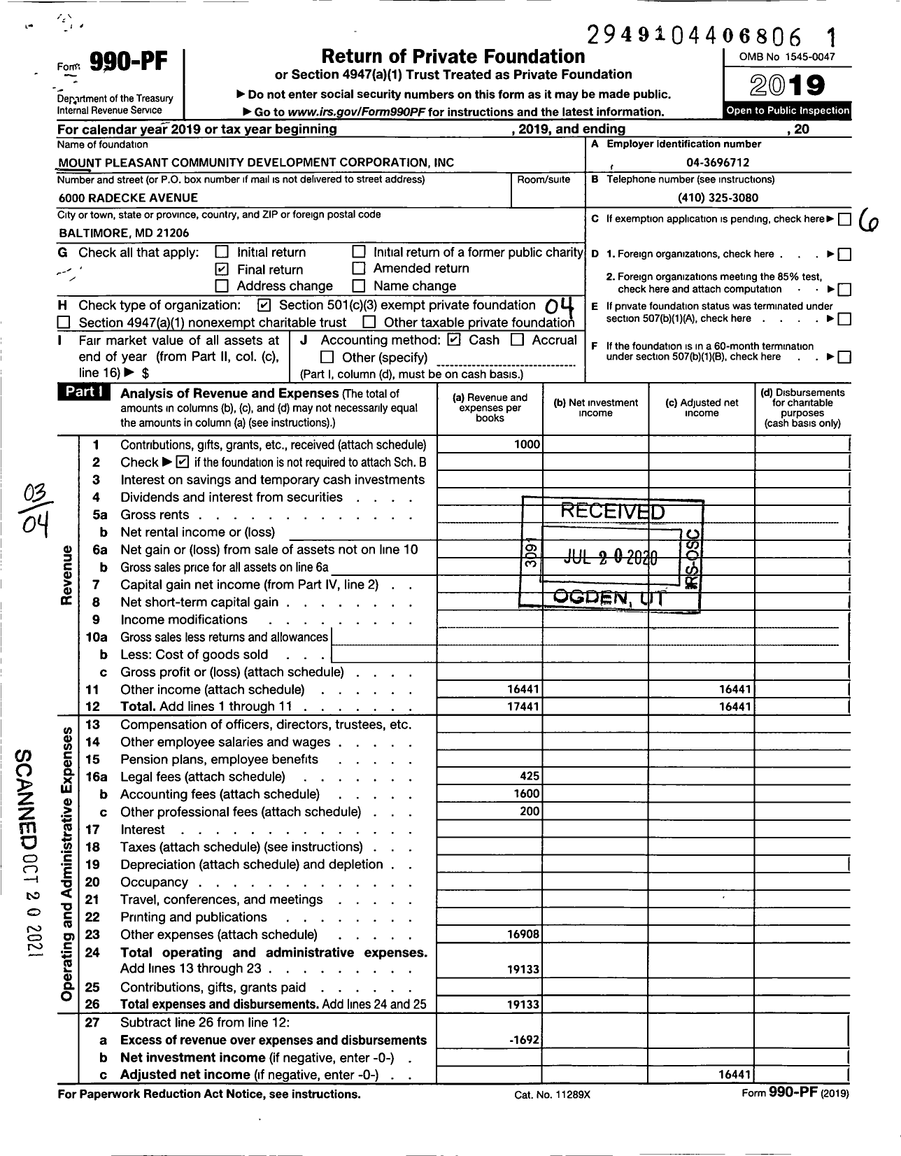 Image of first page of 2019 Form 990PF for Mount Pleasant Community Development Corporation