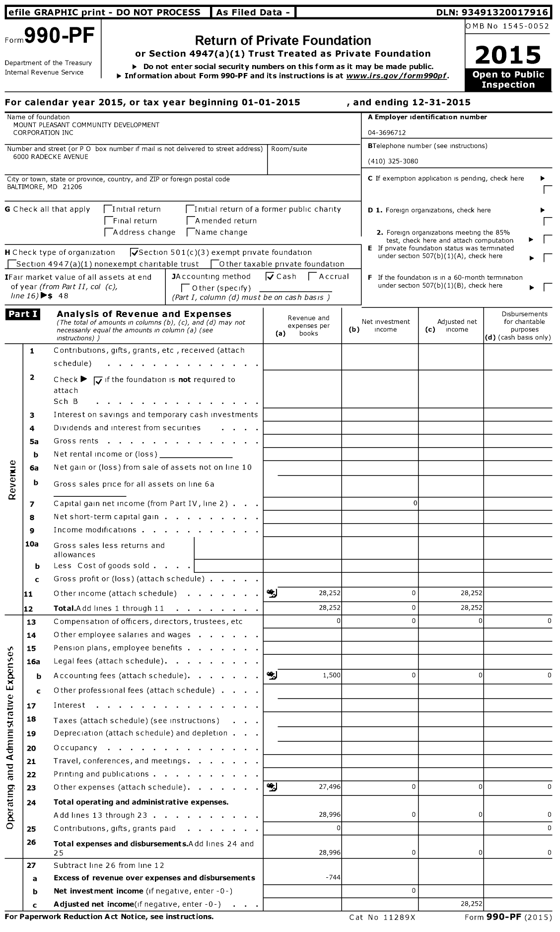 Image of first page of 2015 Form 990PF for Mount Pleasant Community Development Corporation