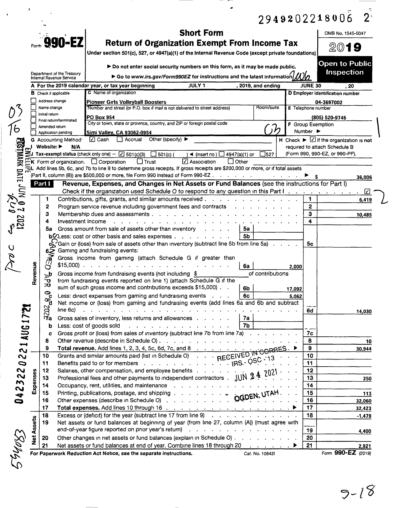 Image of first page of 2019 Form 990EZ for Simi Valley High School Girls Volleyball Boosters