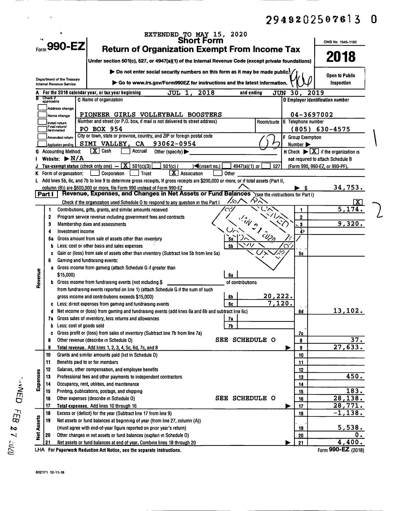 Image of first page of 2018 Form 990EZ for Simi Valley High School Girls Volleyball Boosters