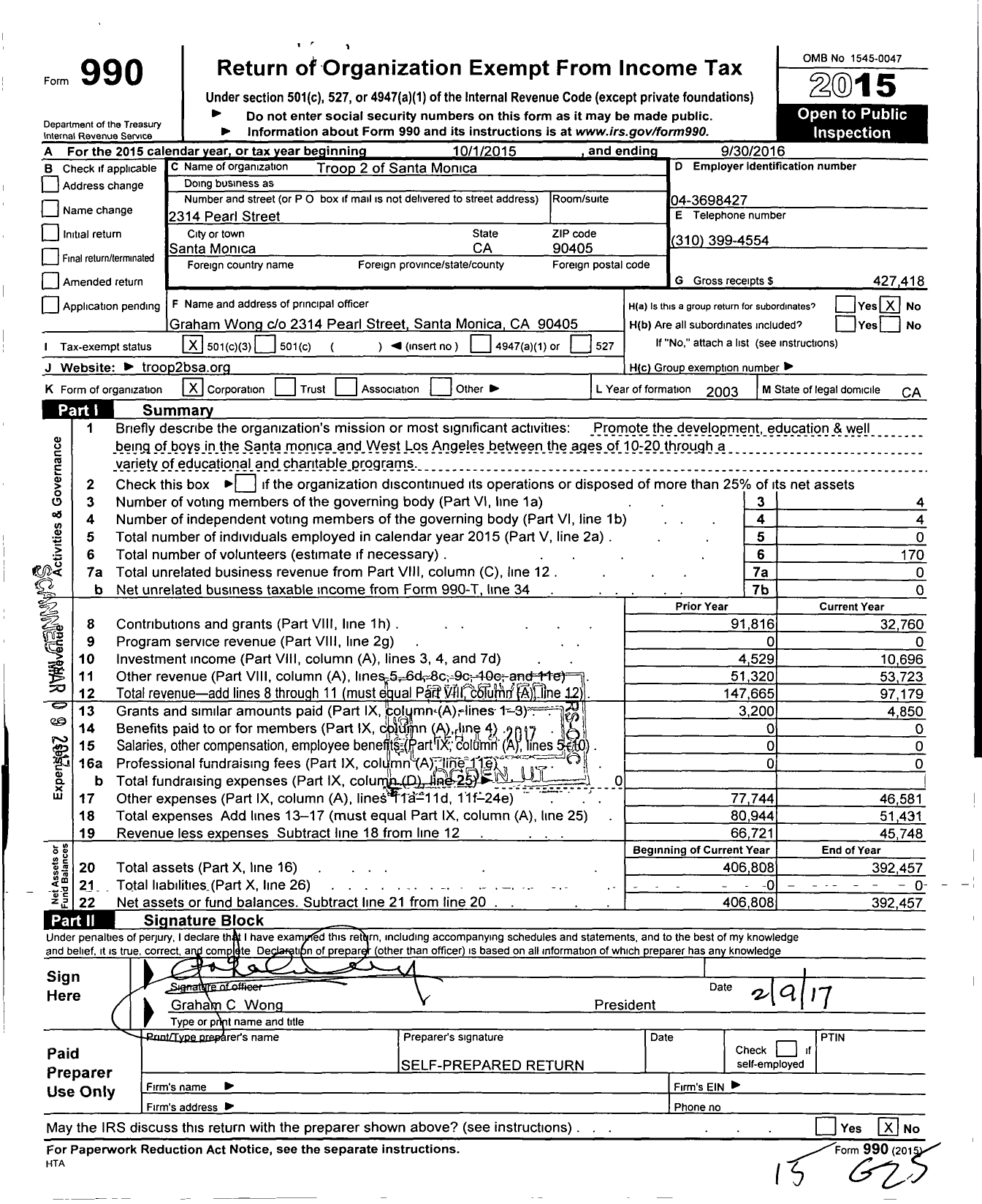Image of first page of 2015 Form 990 for Troop 2 of Santa Monica