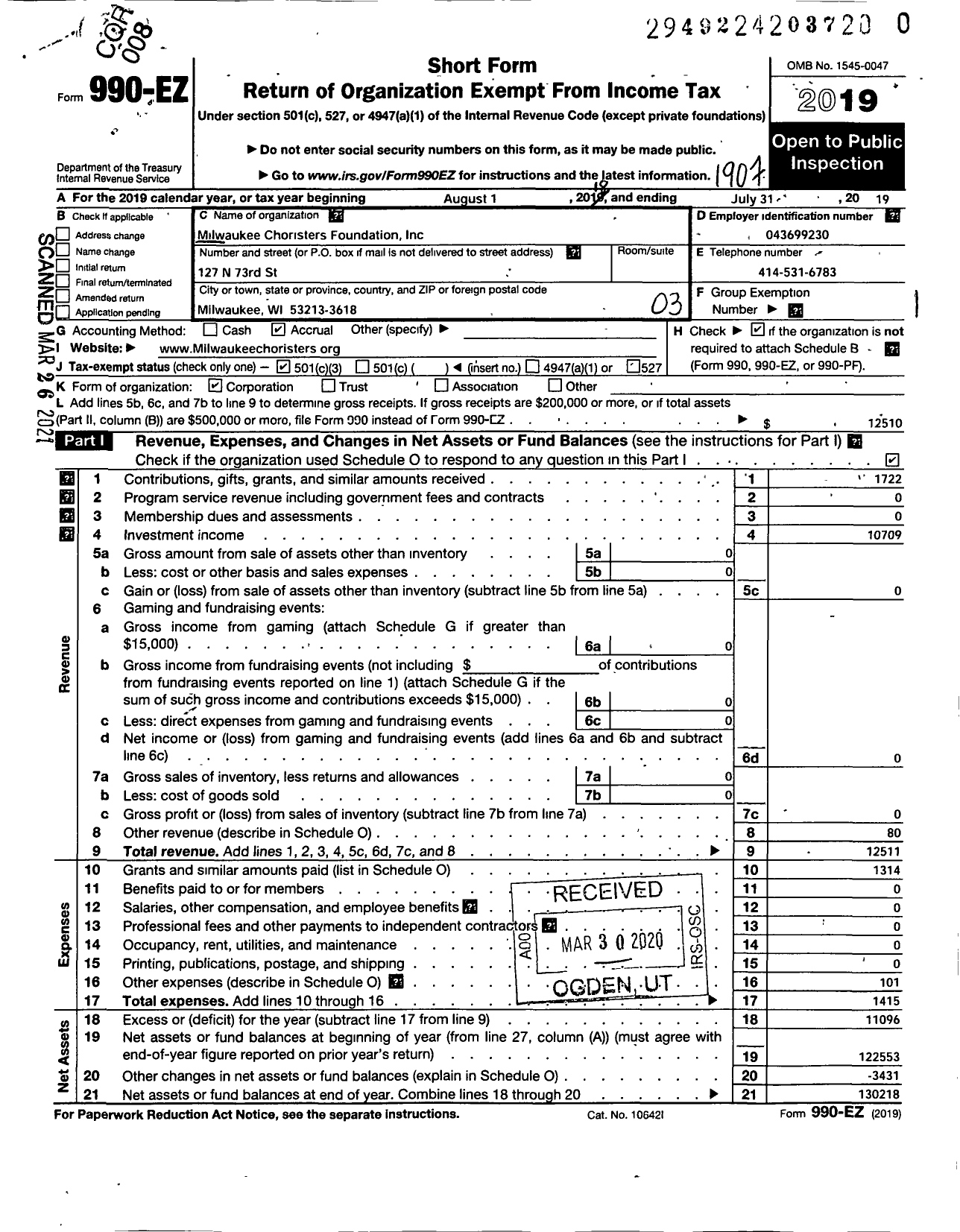 Image of first page of 2018 Form 990EZ for The Milwaukee Choristers Foundation