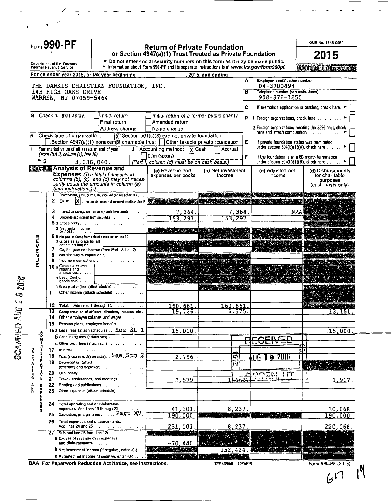 Image of first page of 2015 Form 990PF for Dankis Christian Foundation