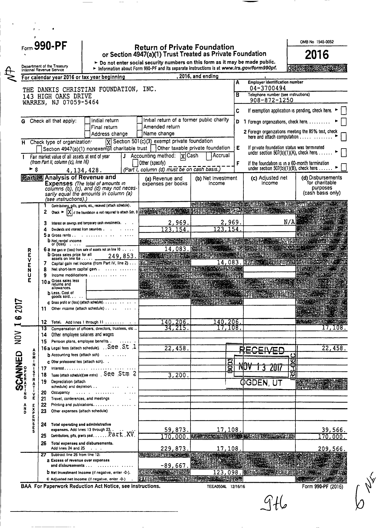 Image of first page of 2016 Form 990PF for Dankis Christian Foundation