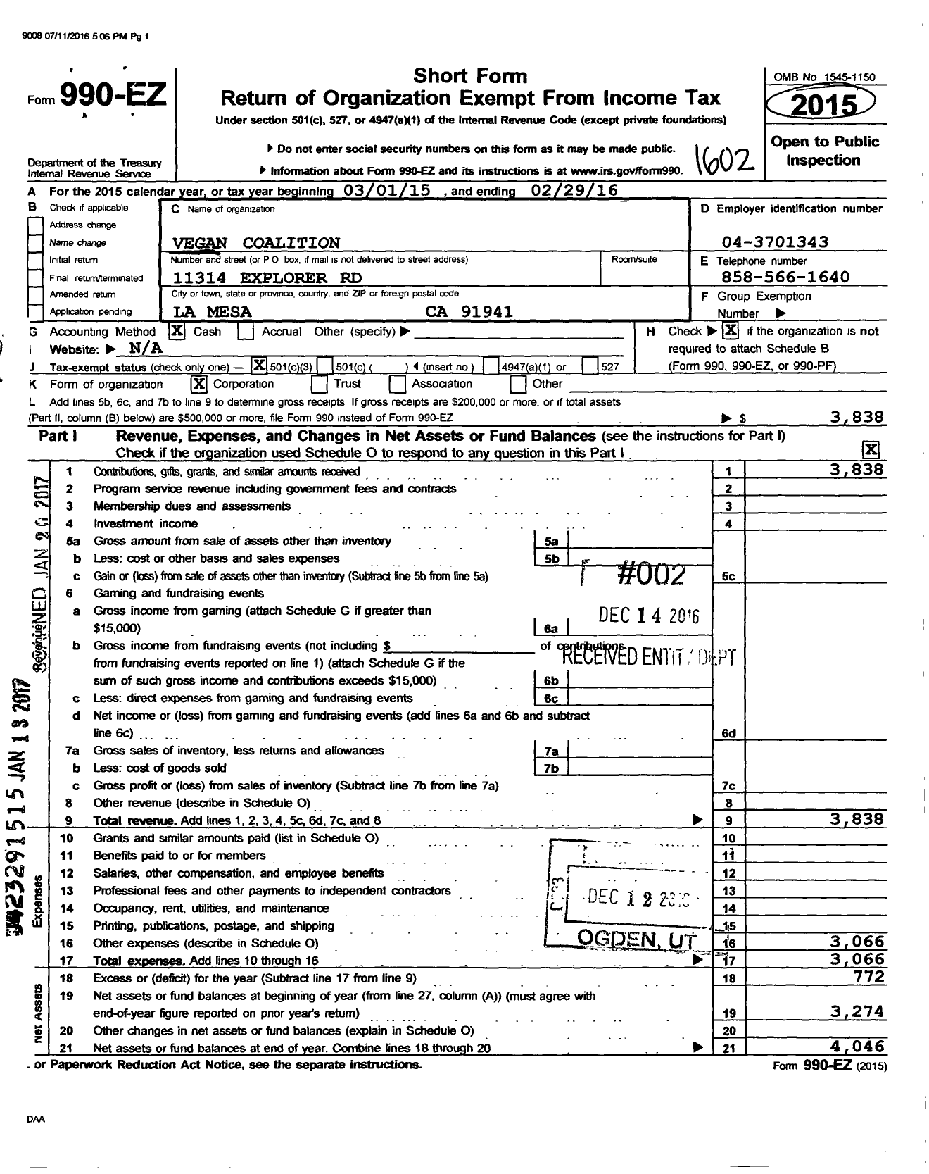 Image of first page of 2015 Form 990EZ for Vegan Coalition