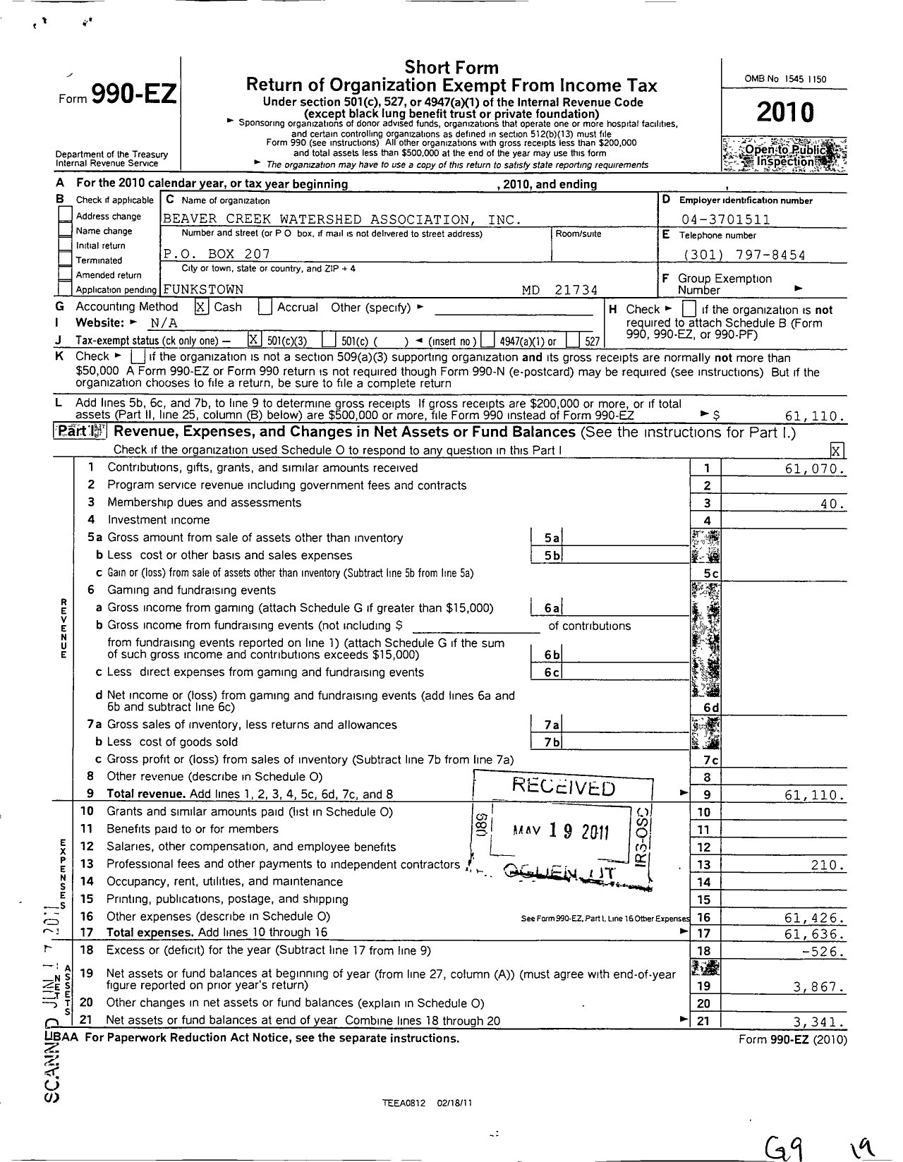 Image of first page of 2010 Form 990EZ for Beaver Creek Watershed Association
