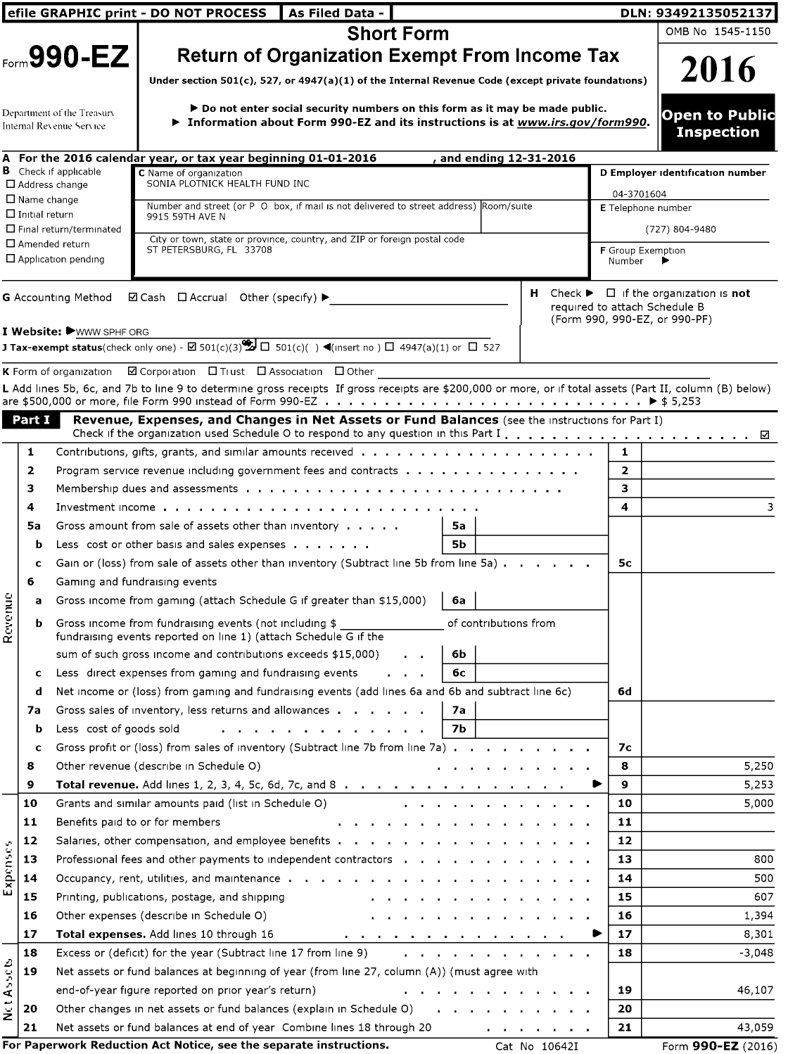 Image of first page of 2016 Form 990EZ for Sonia Plotnick Health Fund