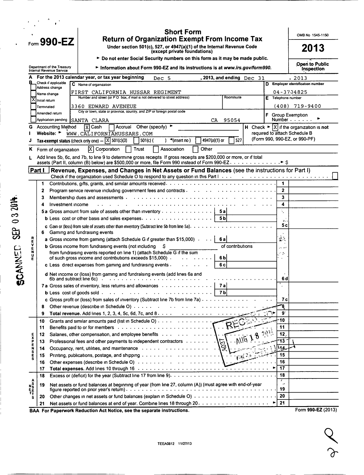 Image of first page of 2013 Form 990EZ for First California Hussar Regiment