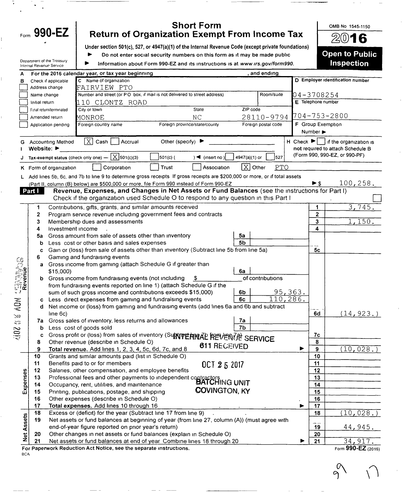 Image of first page of 2016 Form 990EZ for Fairview Parent Teacher Organization