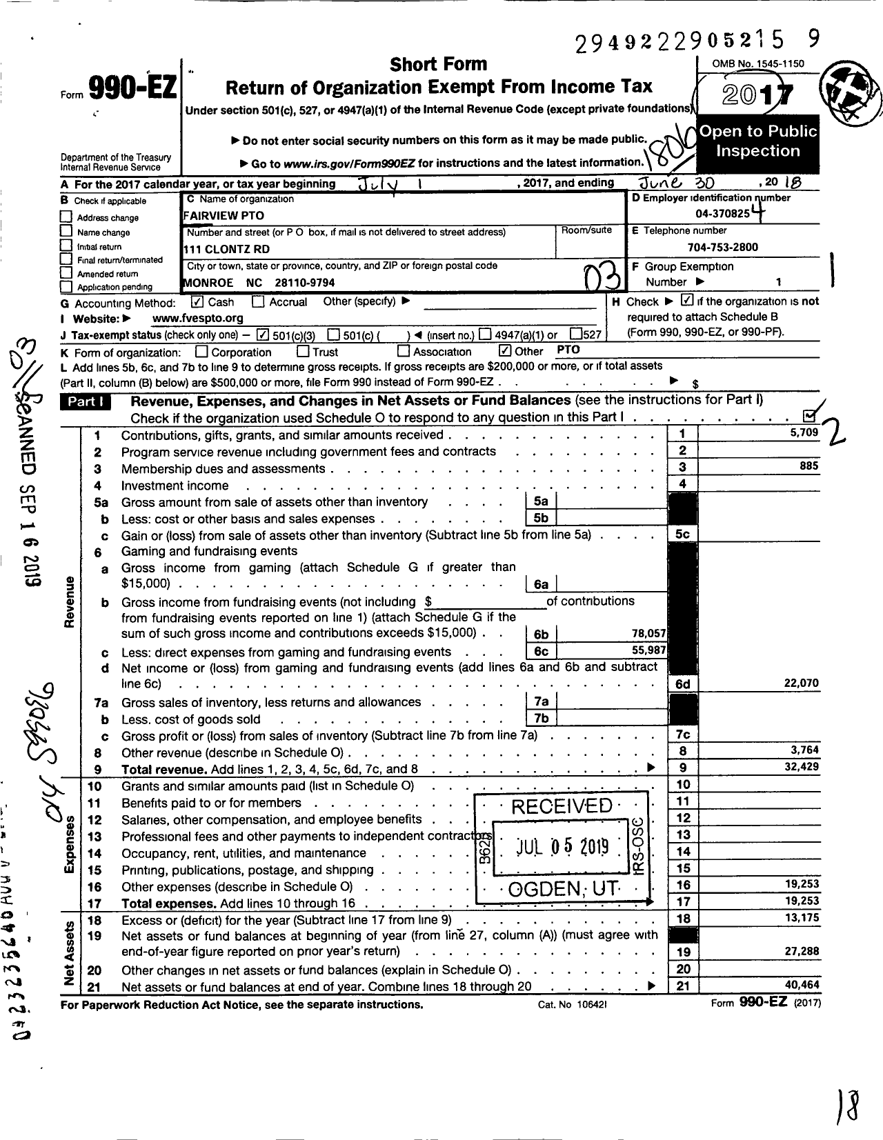 Image of first page of 2017 Form 990EZ for Fairview Parent Teacher Organization