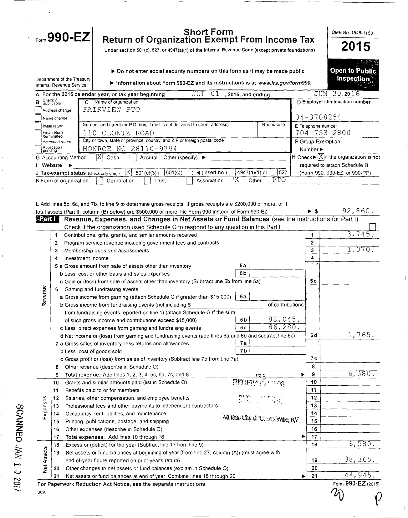 Image of first page of 2015 Form 990EZ for Fairview Parent Teacher Organization