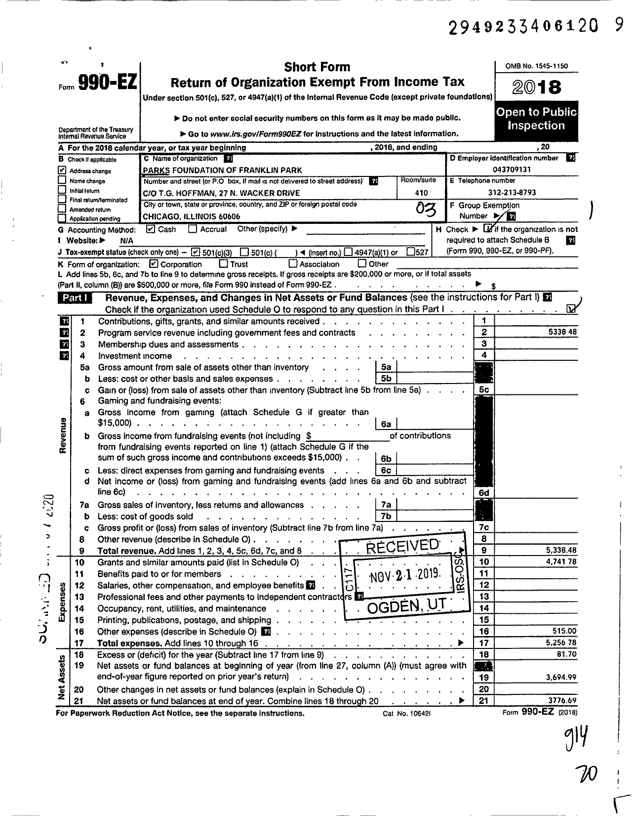 Image of first page of 2018 Form 990EZ for Parks Foundation of Franklin Park