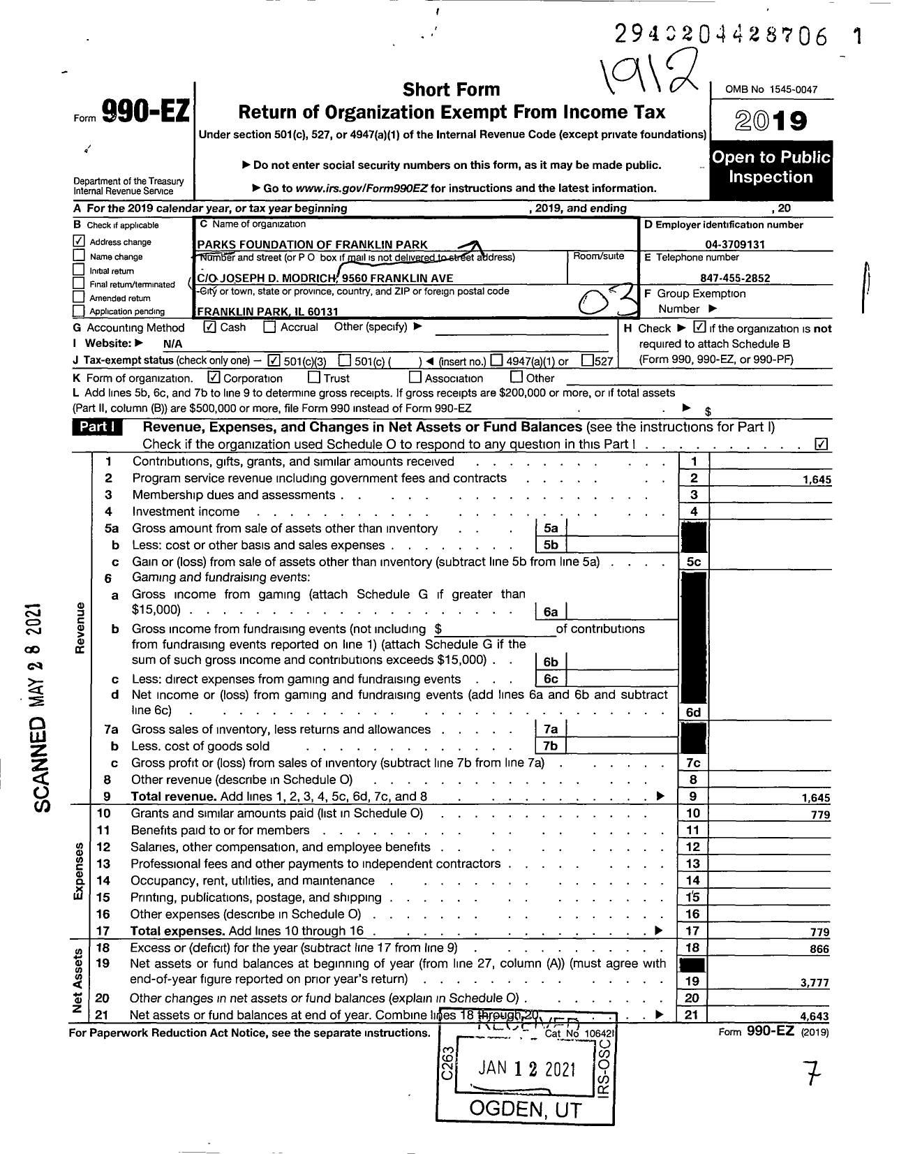 Image of first page of 2019 Form 990EZ for Parks Foundation of Franklin Park