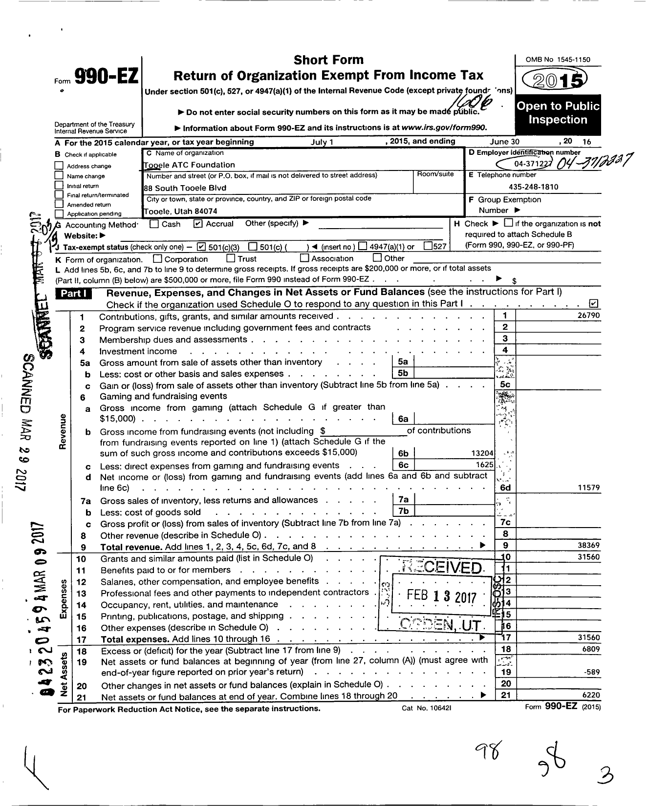 Image of first page of 2015 Form 990EZ for Tooele Atc Foundation