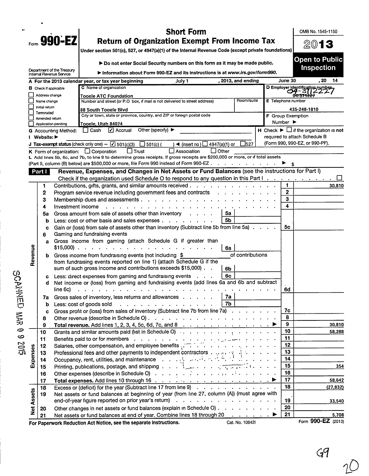 Image of first page of 2013 Form 990EZ for Tooele Atc Foundation