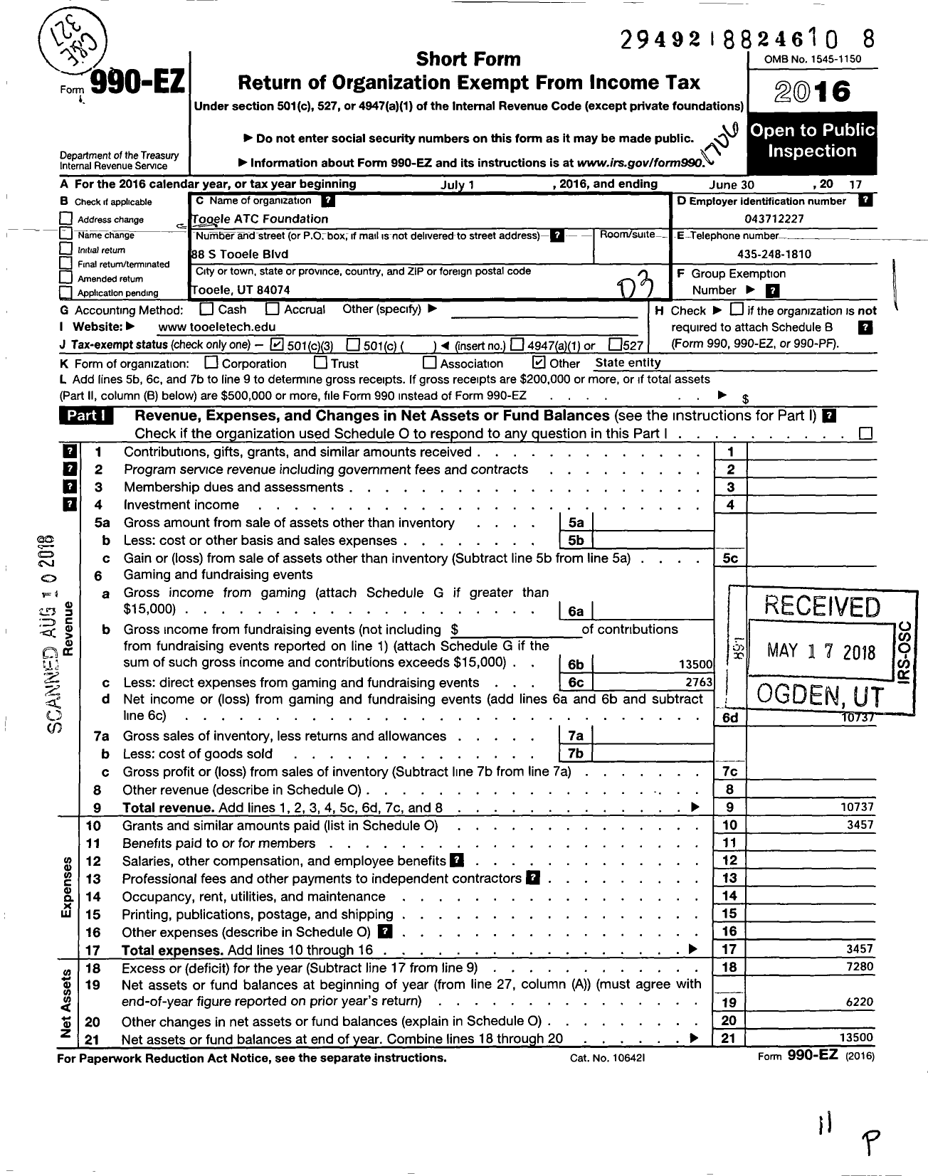 Image of first page of 2016 Form 990EZ for Tooele Atc Foundation