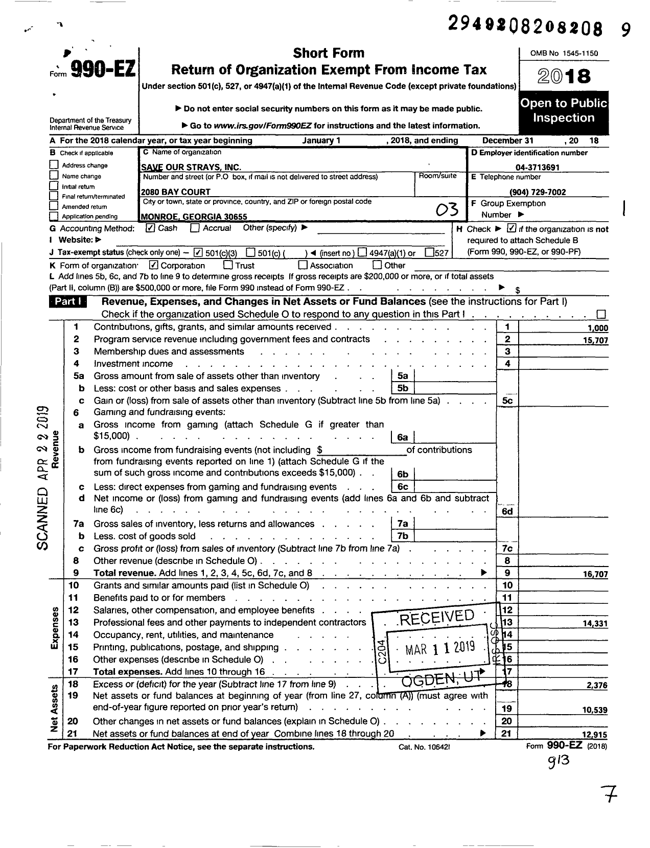 Image of first page of 2018 Form 990EZ for Save Our Strays (SOS)