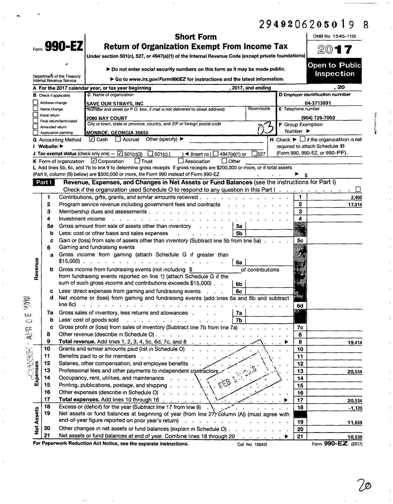 Image of first page of 2017 Form 990EZ for Save Our Strays (SOS)